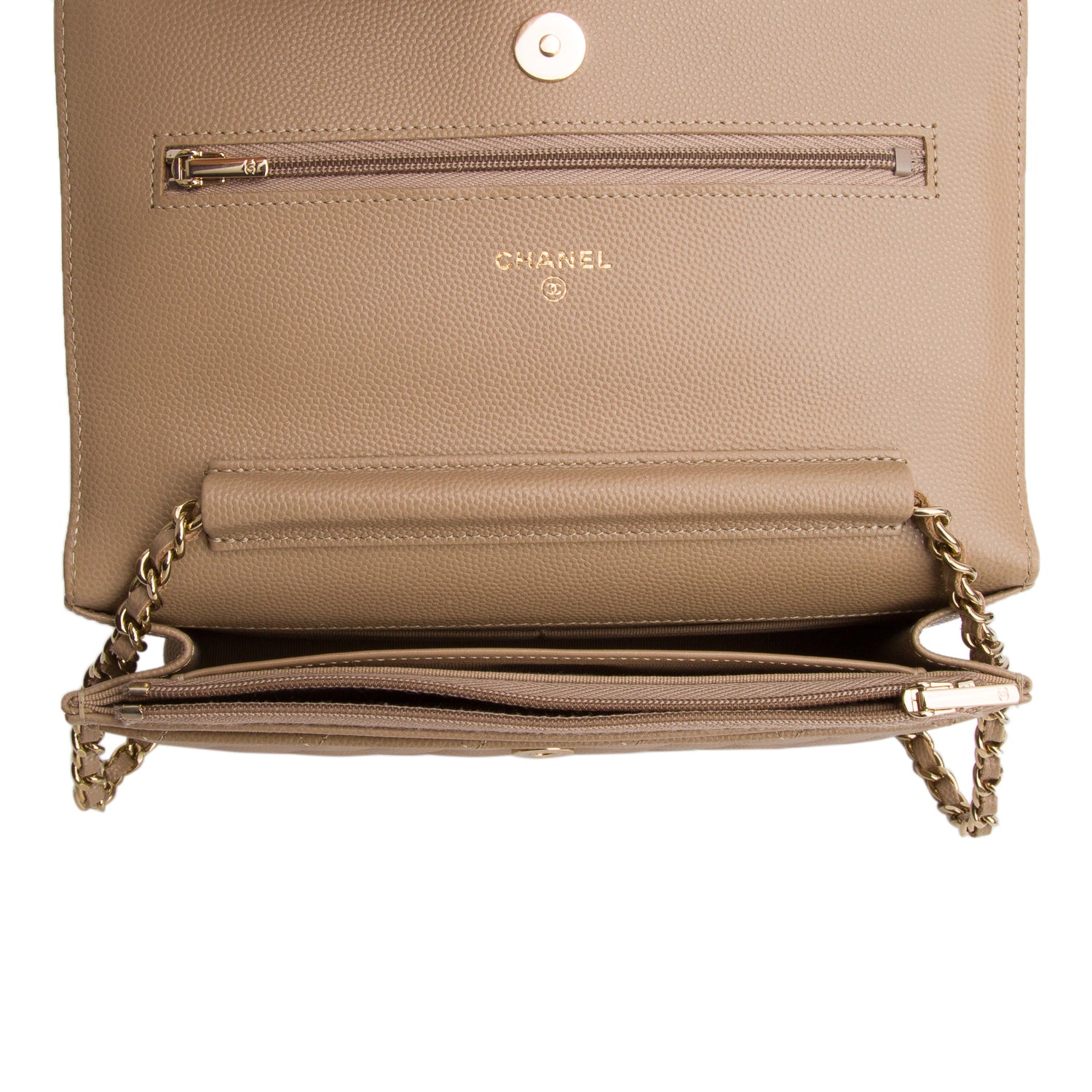 Chanel Beige Caviar Quilted Classic Wallet on Chain w/ Box