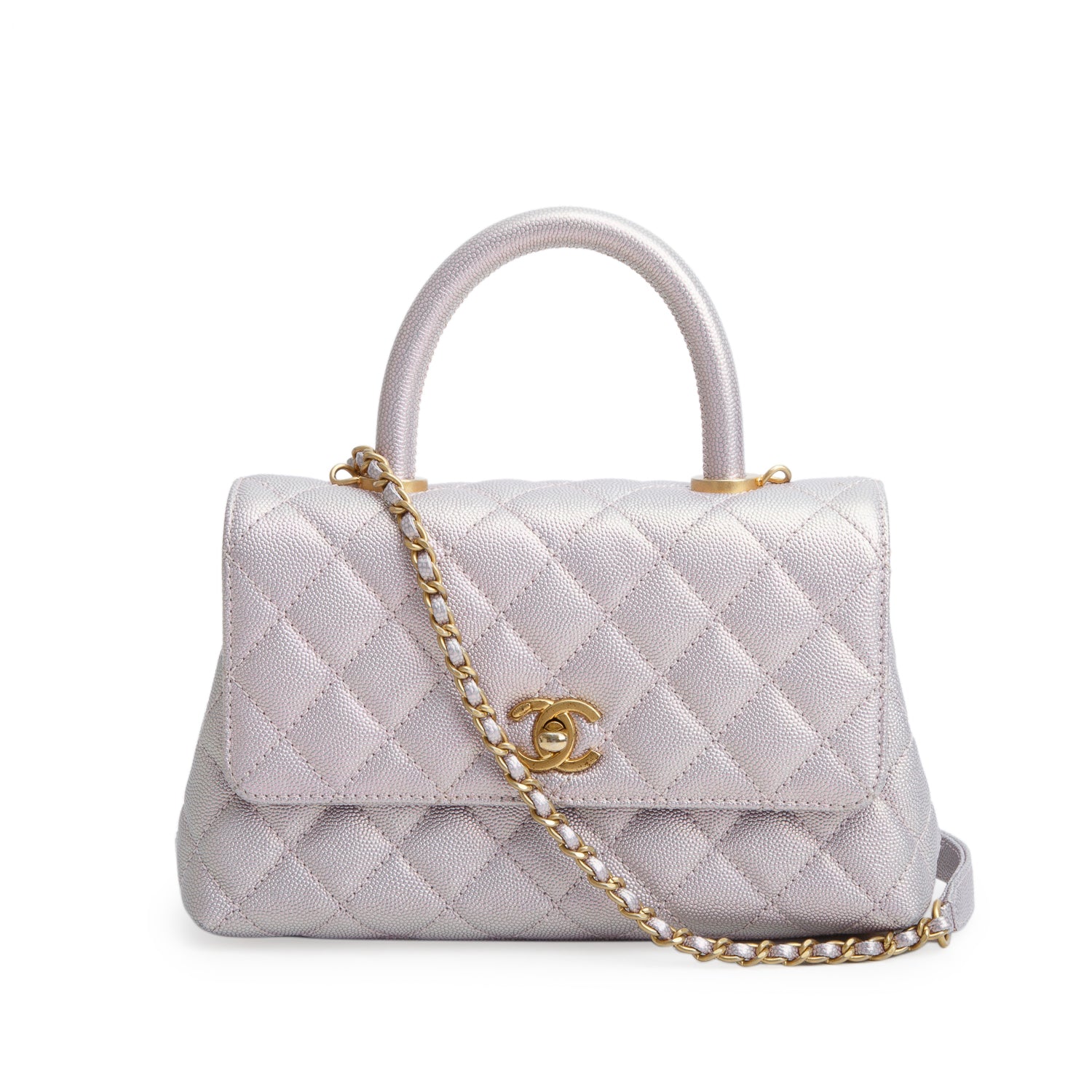 Chanel Metallic Pink Caviar Quilted Mini Coco Top Handle Flap Bag