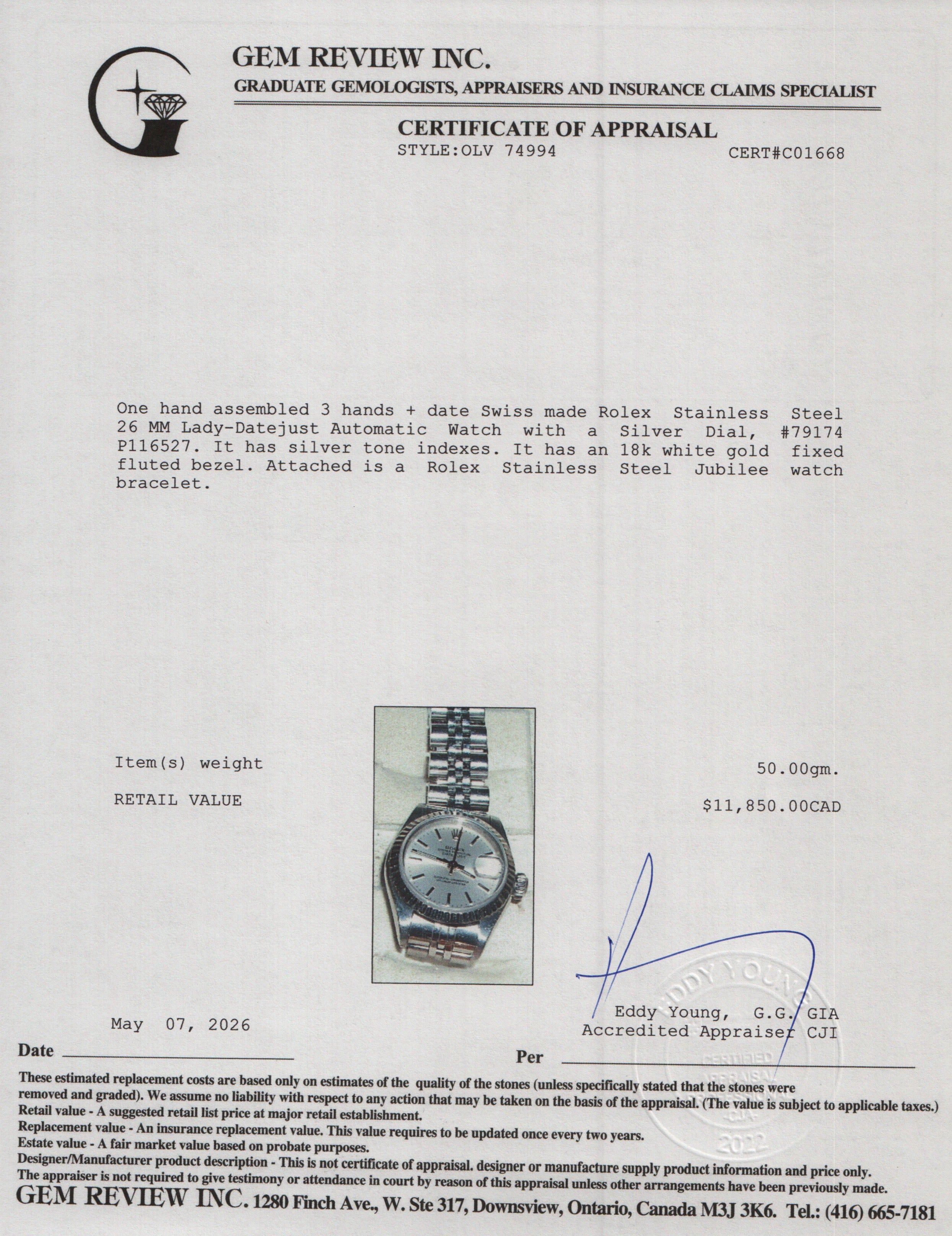 Rolex Stainless Steel 26 MM Lady-Datejust Automatic Watch Silver Dial 79174 w/ Box & Papers