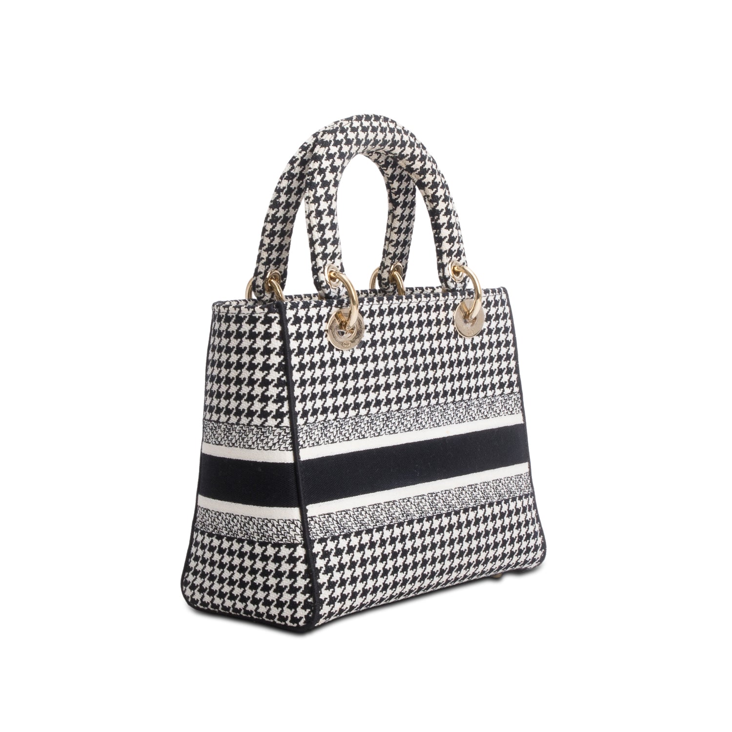 Christian Dior 2022 Black/White Houndstooth Embroidered Medium Lady D-Lite Bag w/ Strap