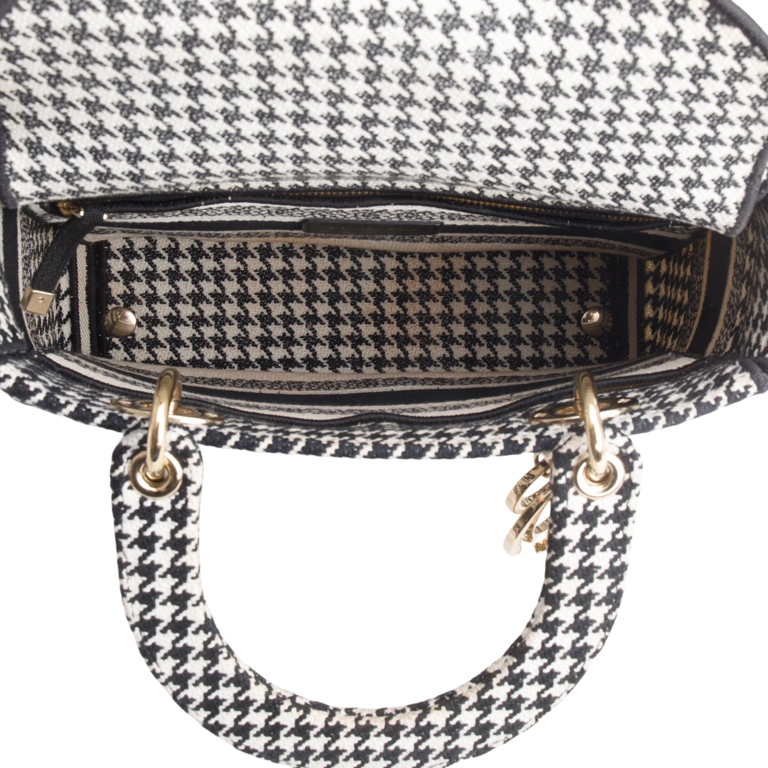Christian Dior 2022 Black/White Houndstooth Embroidered Medium Lady D-Lite Bag w/ Strap