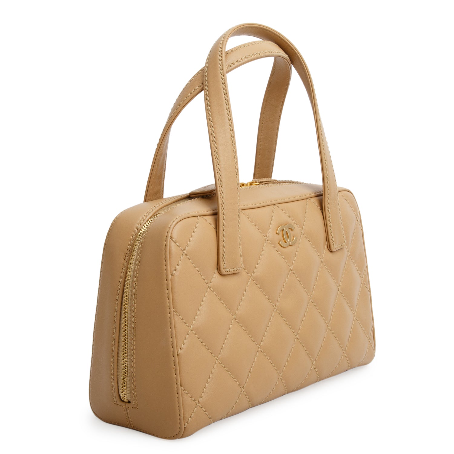 Chanel Beige Calfskin Contrast Stich Surpique Bowler w/ Authenticity Card & Pouch