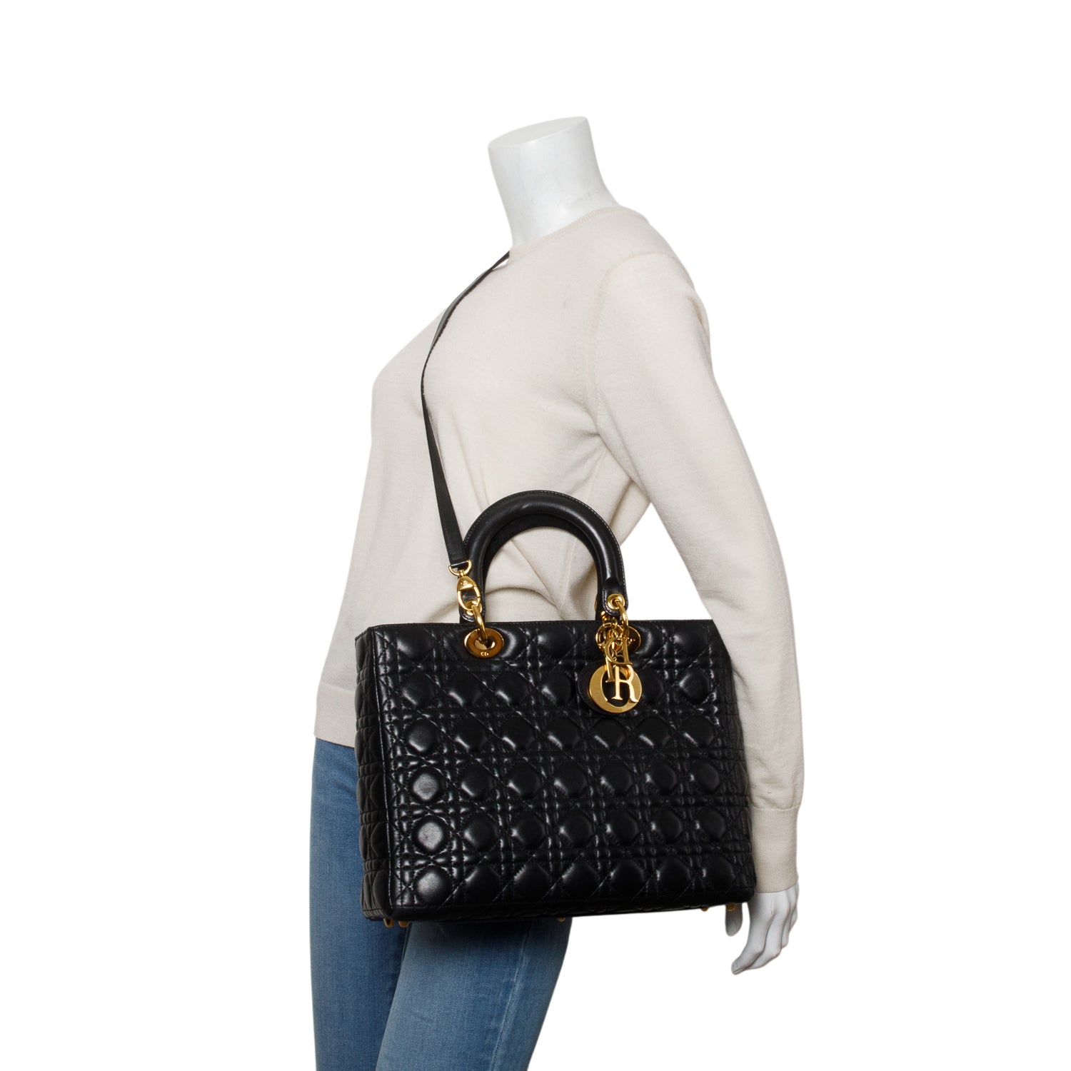 Christian Dior Black Lambskin Cannage Large Lady Dior Bag w/ Strap