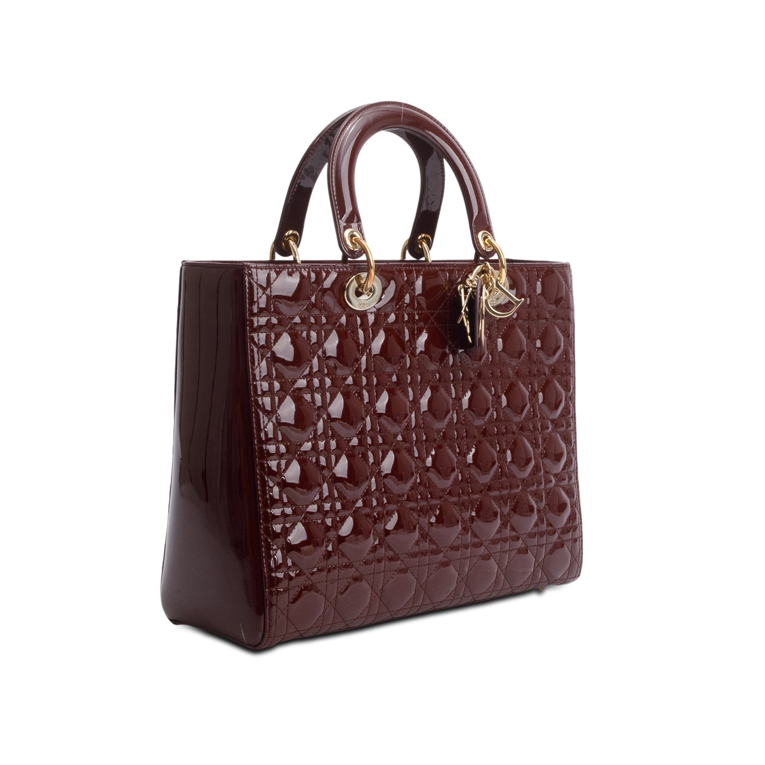 Christian Dior Burgundy Cannage Patent Leather Large Lady Dior w/ Strap & Authenticity Card