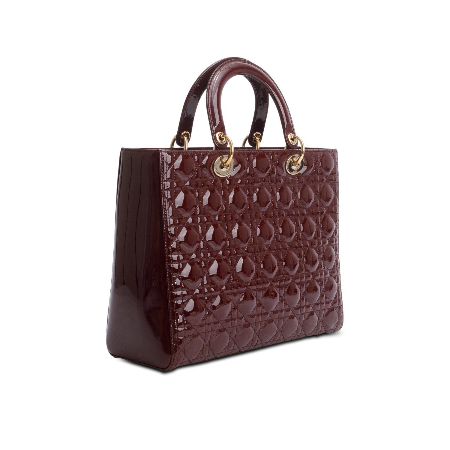 Christian Dior Burgundy Cannage Patent Leather Large Lady Dior w/ Strap & Authenticity Card