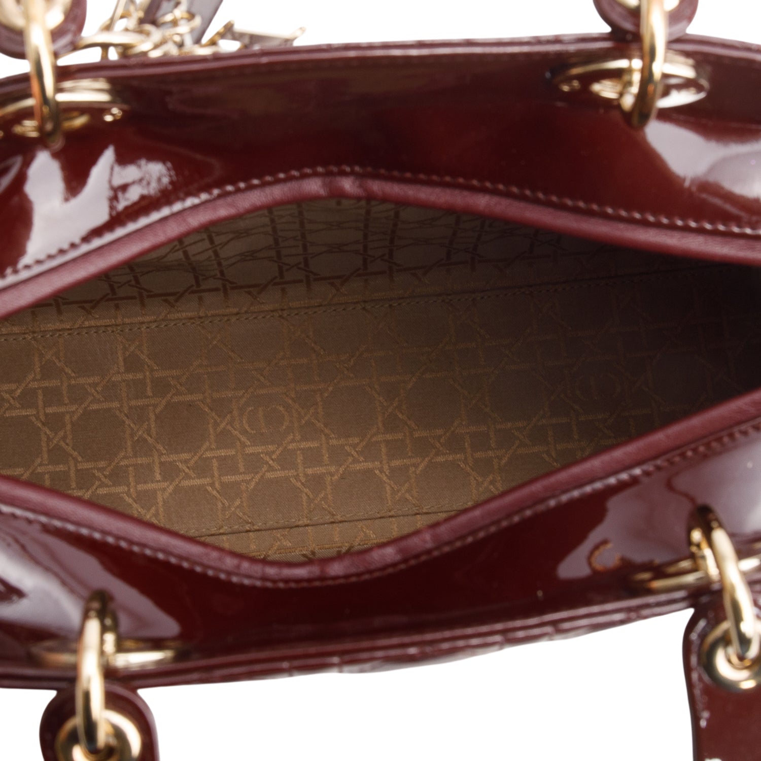 Christian Dior Burgundy Cannage Patent Leather Large Lady Dior w/ Strap & Authenticity Card