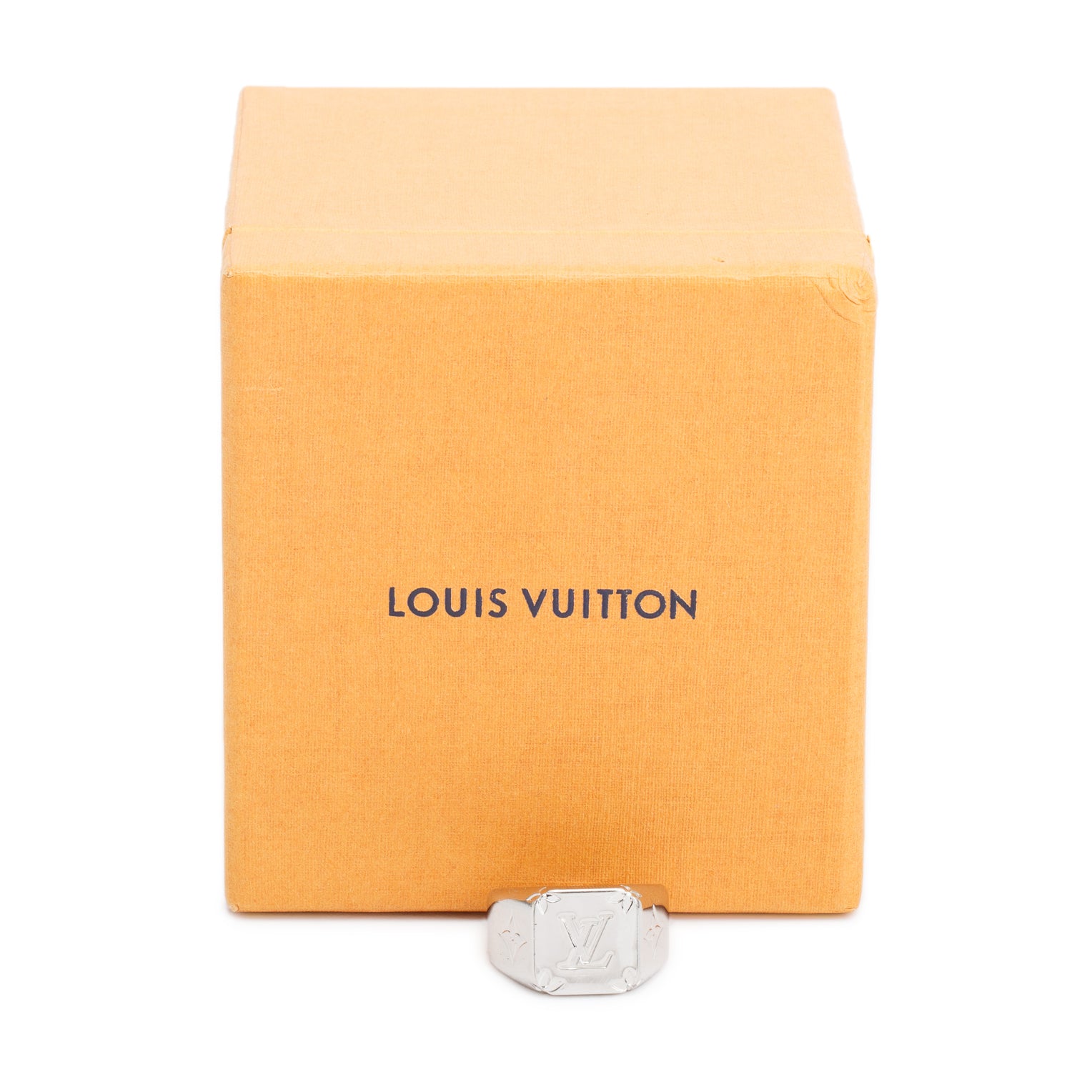 Louis Vuitton Palladium Plated Monogram Signet Ring, Size M 9 w/ Box