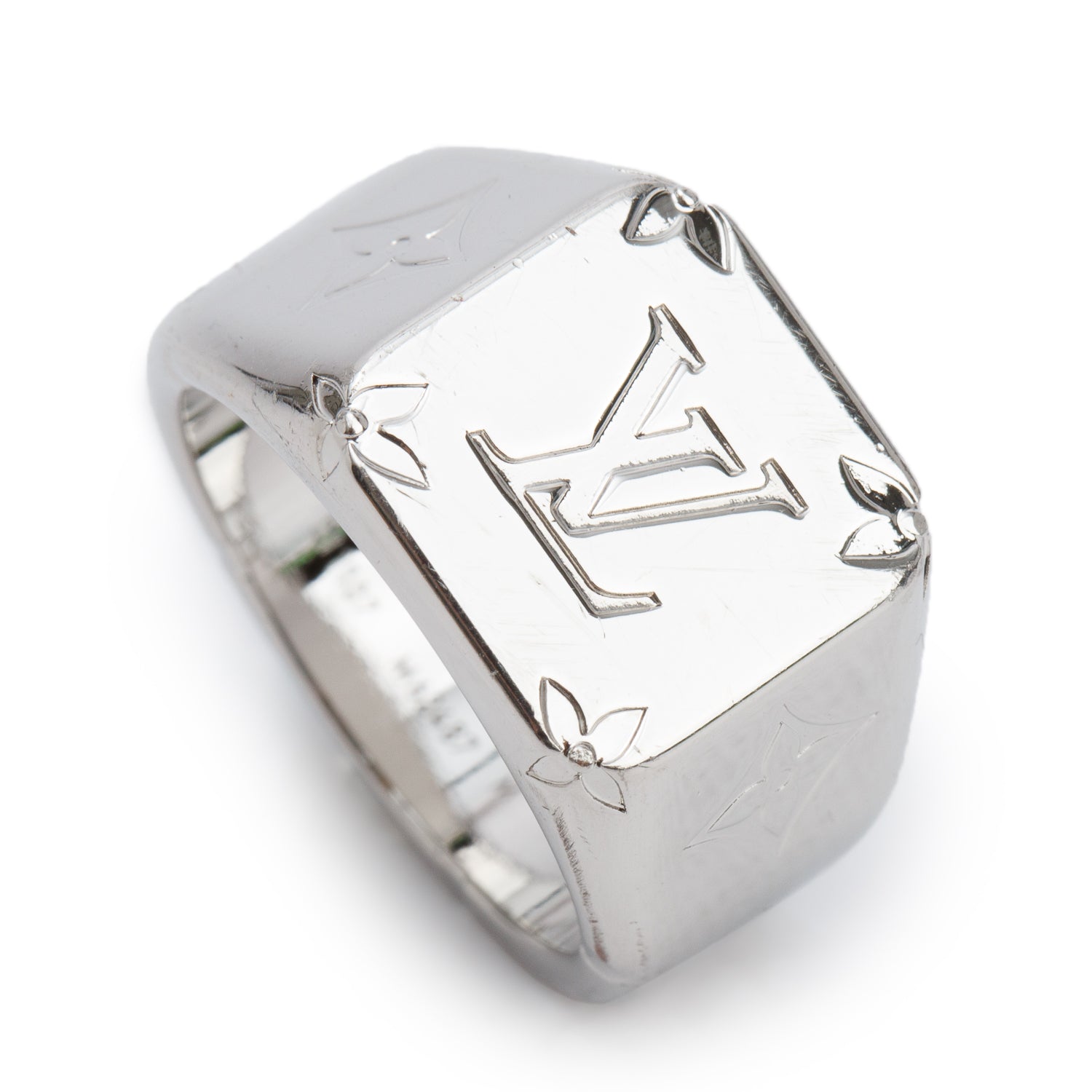 Louis Vuitton Palladium Plated Monogram Signet Ring, Size M 9 w/ Box