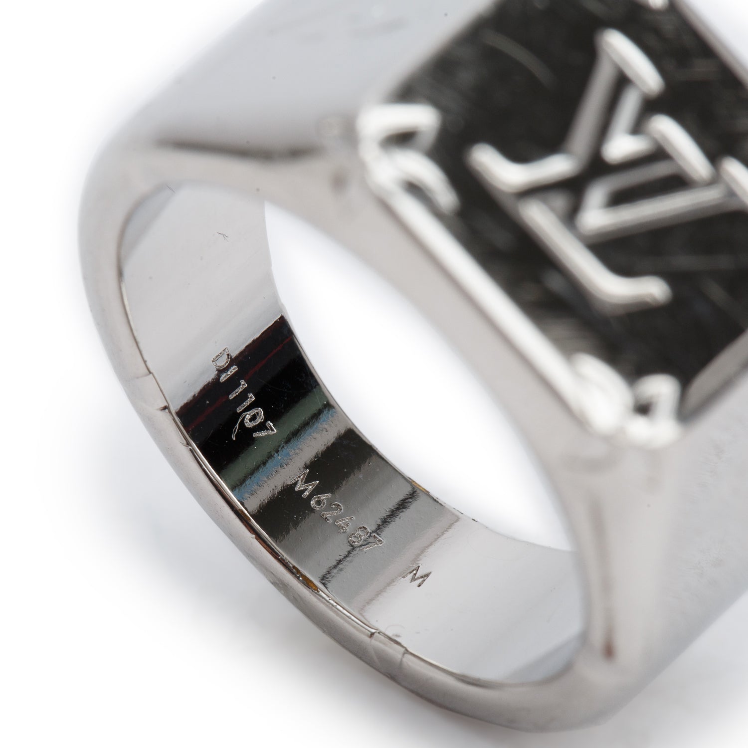 Louis Vuitton Palladium Plated Monogram Signet Ring, Size M 9 w/ Box