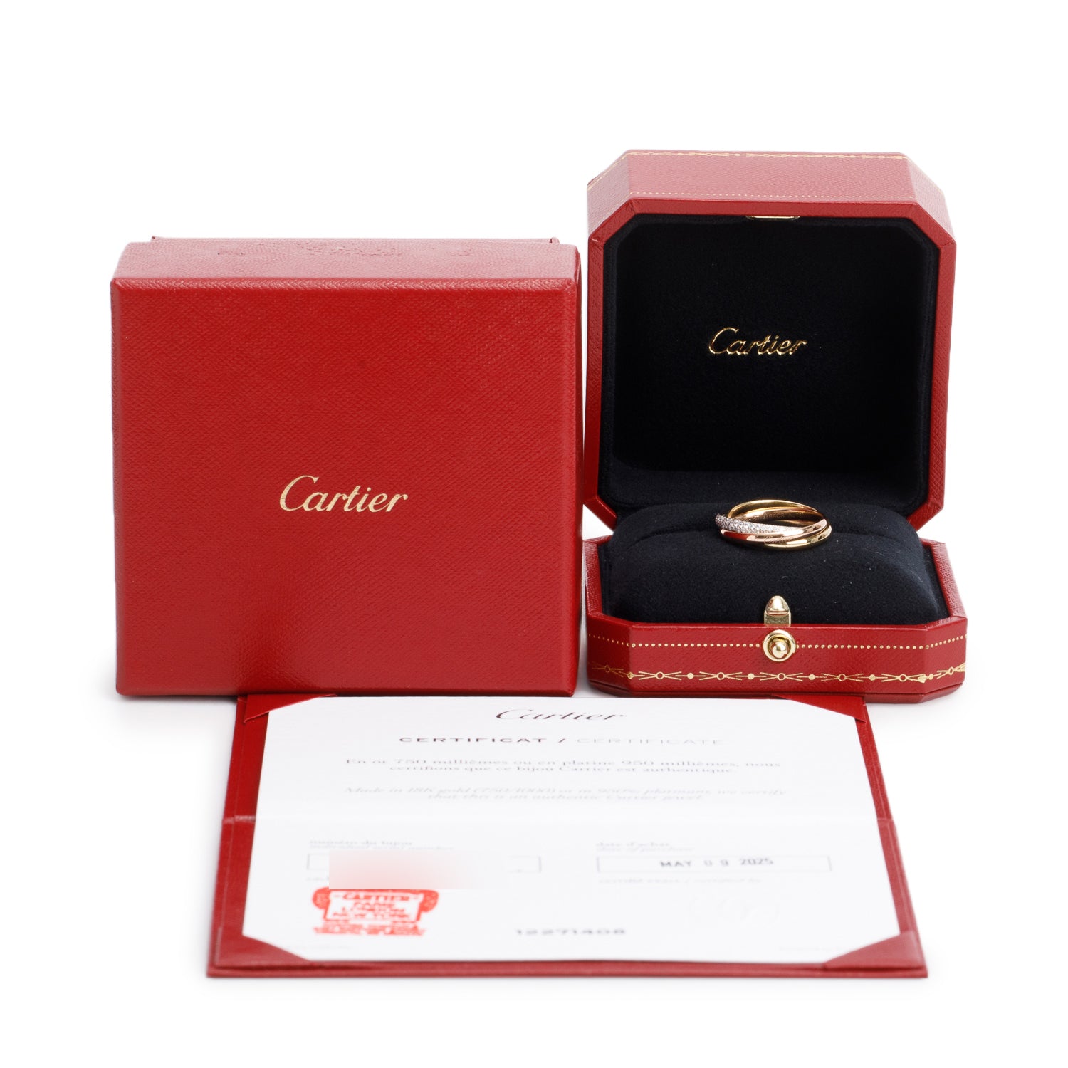 Cartier 2025 18k Yellow, White & Rose Gold Half-Paved Diamond Trinity Rolling Ring, Small Model Size 57 8 w/ Box & Certificate