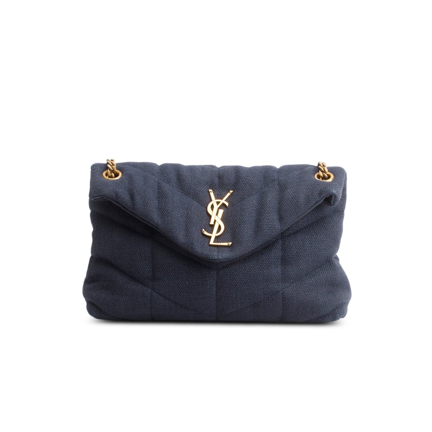 Saint Laurent 2021 Blue Linen Quilted Small Loulou Puffer Monogram Chain Satchel