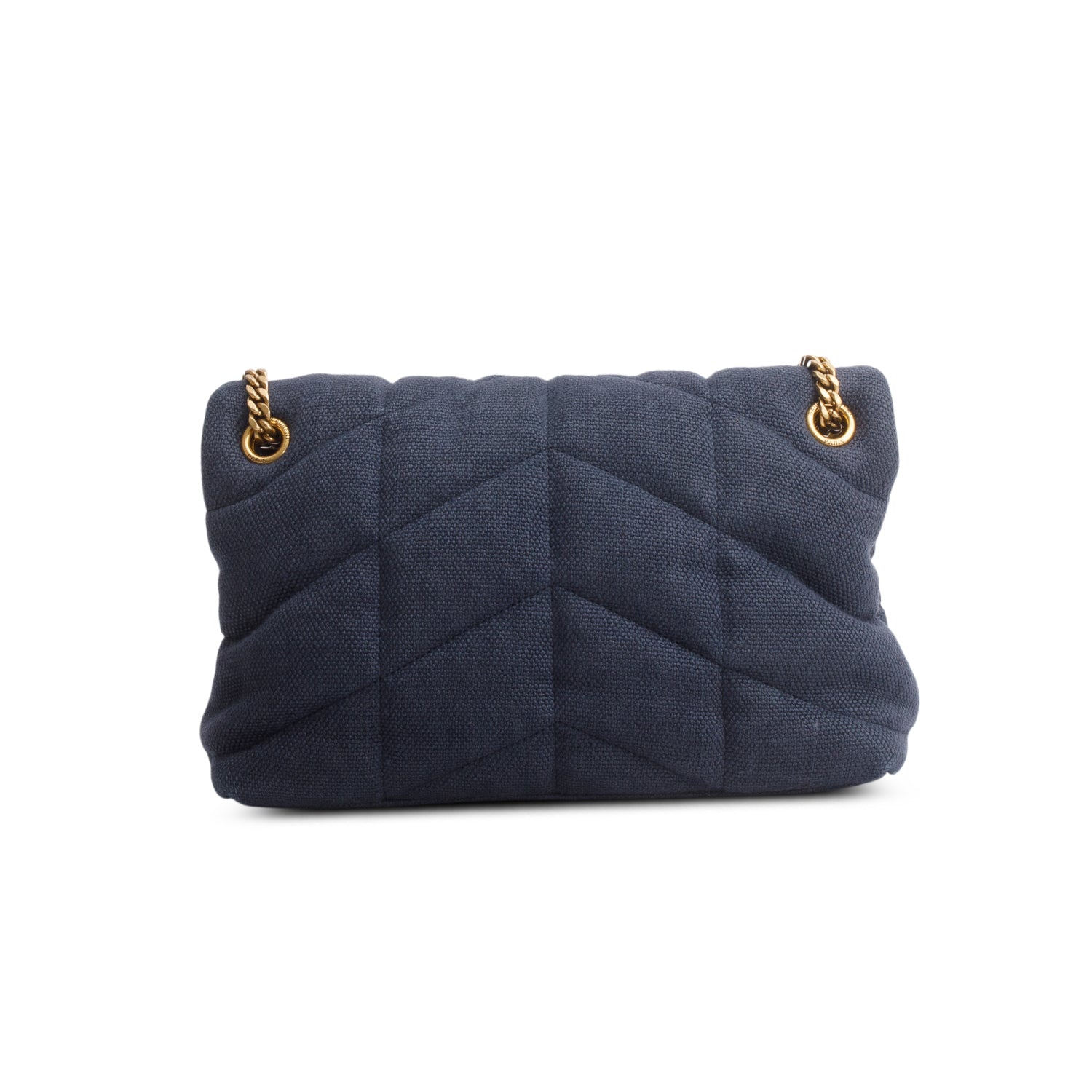 Saint Laurent 2021 Blue Linen Quilted Small Loulou Puffer Monogram Chain Satchel