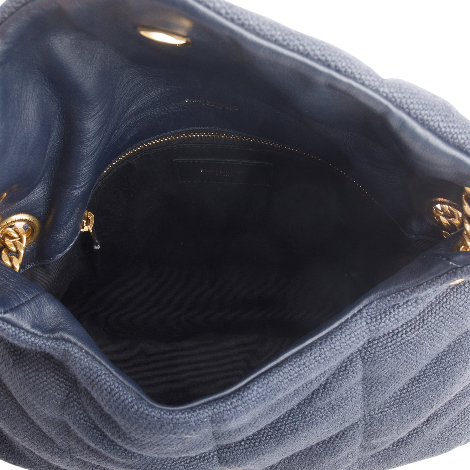 Saint Laurent 2021 Blue Linen Quilted Small Loulou Puffer Monogram Chain Satchel
