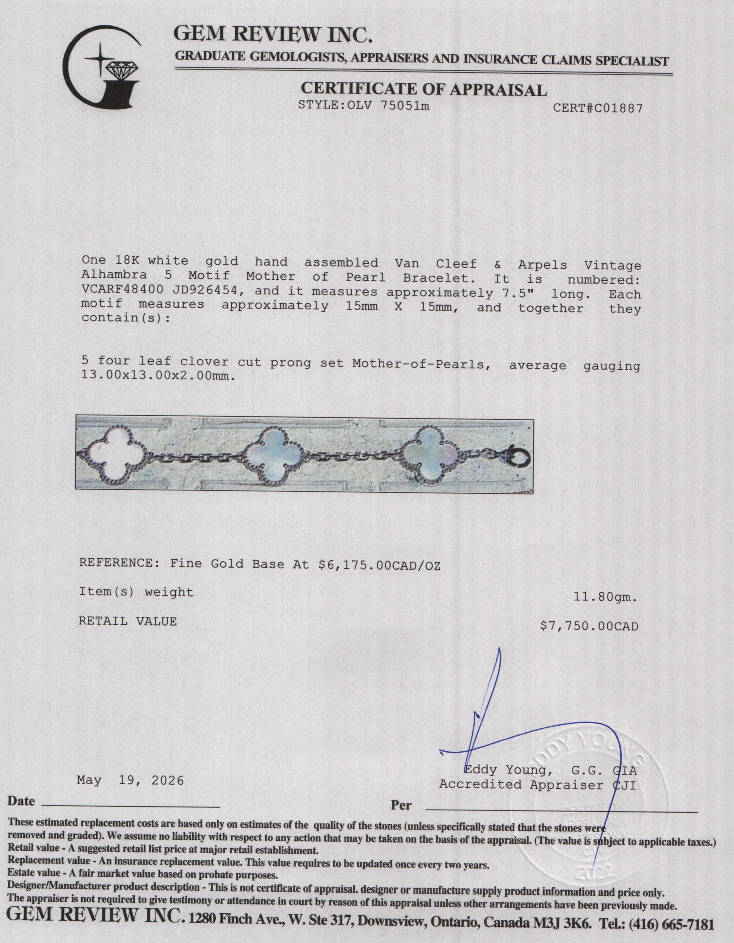 Van Cleef & Arpels 2023 18k White Gold Vintage Alhambra 5 Motif Mother of Pearl Bracelet w/ Box & Certificate