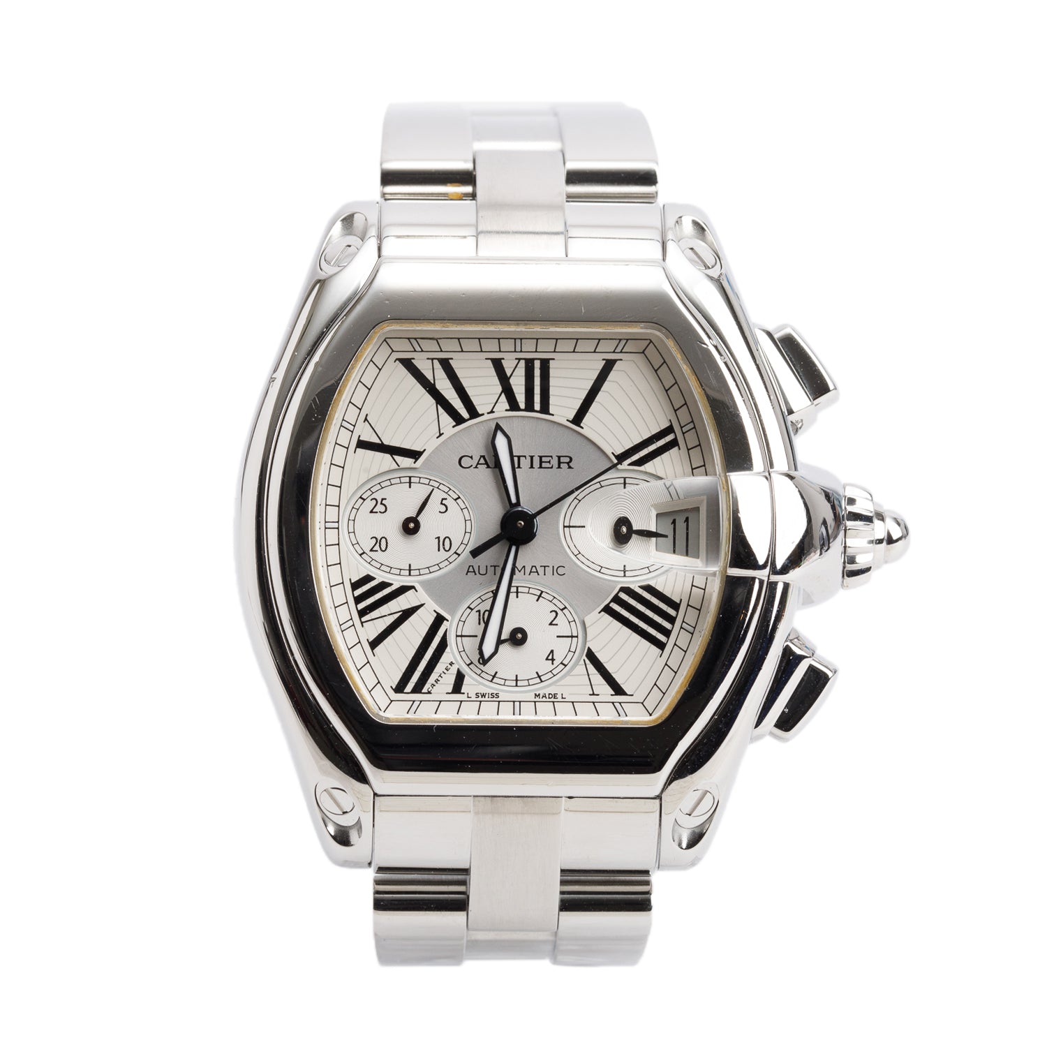 Cartier Stainless Steel Roadster XL Chronograph Automatic Watch Silver Dial 2618 w/ Box