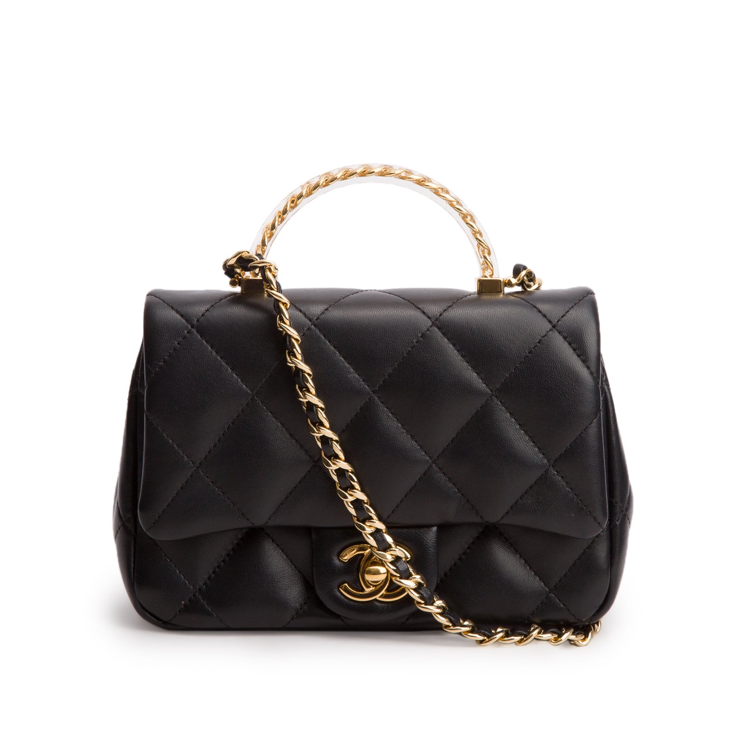 Chanel Black Lambskin Quilted Resin Top Handle Mini Flap w/ Box