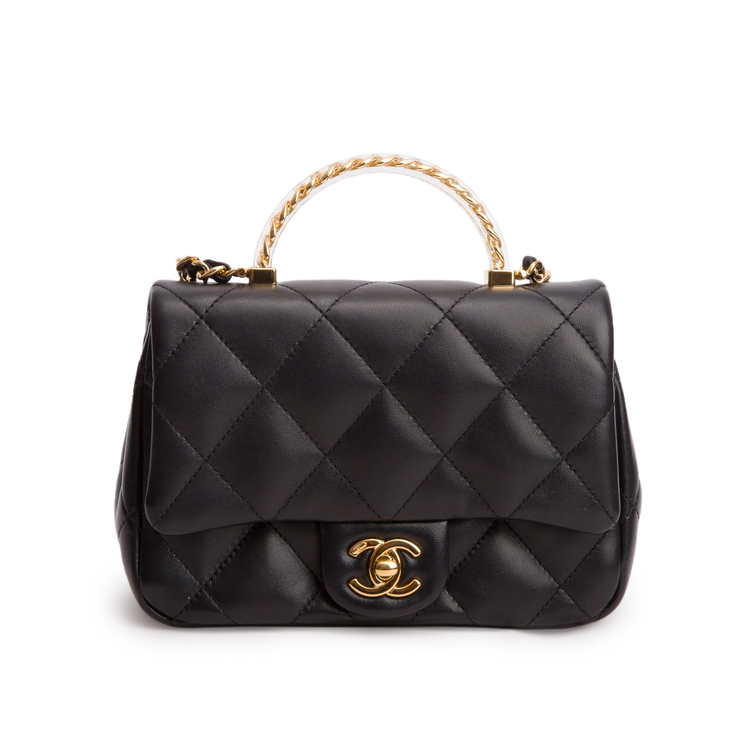 Chanel Black Lambskin Quilted Resin Top Handle Mini Flap w/ Box