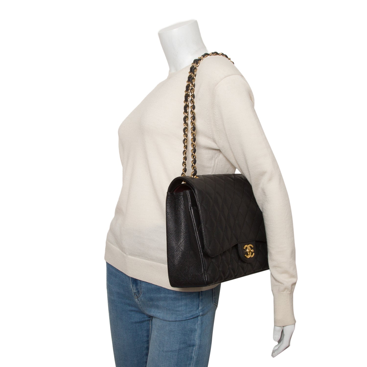 Chanel Black Quilted Caviar Leather Classic Maxi Double Flap Bag w/ Box & Authenticity Card