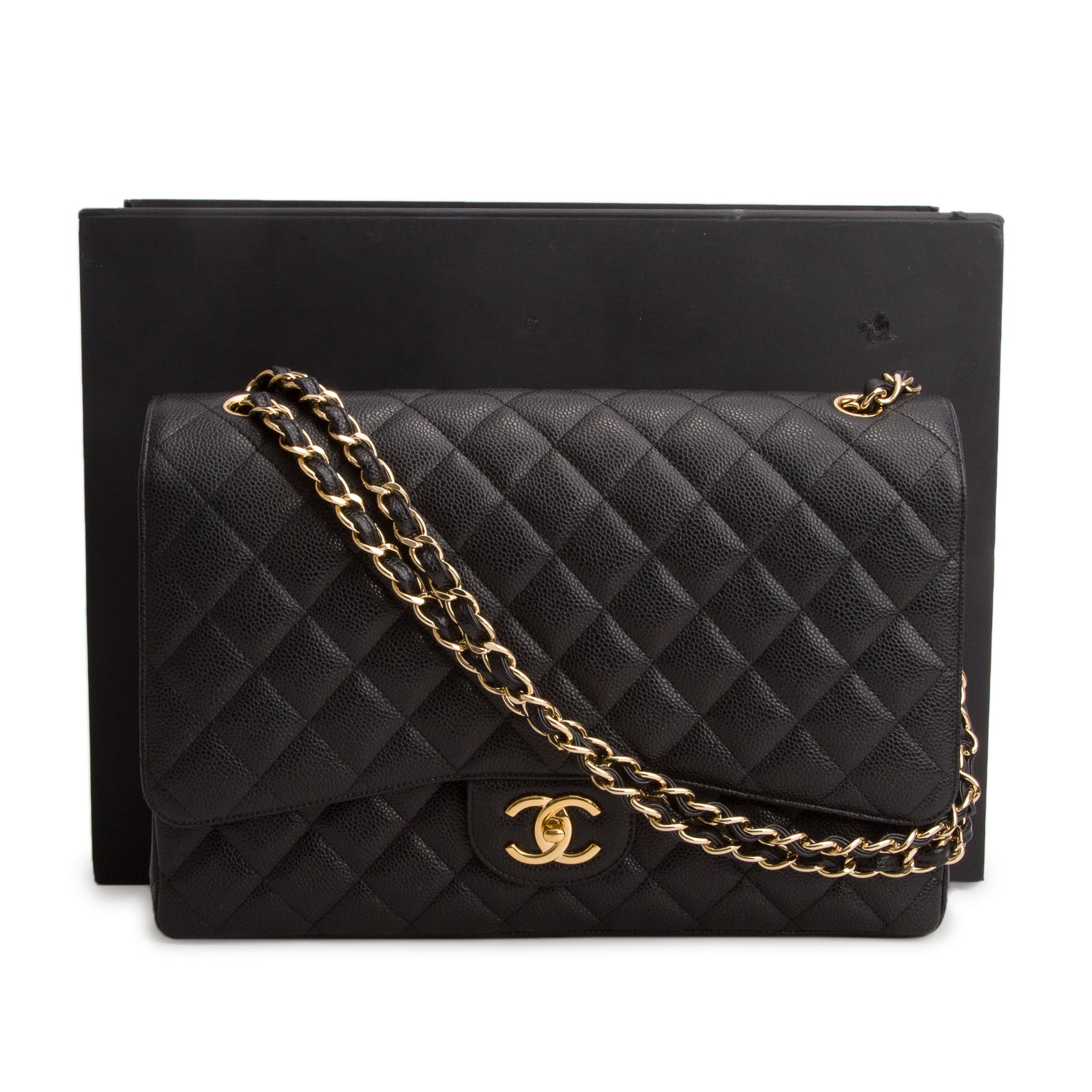 Chanel Black Quilted Caviar Leather Classic Maxi Double Flap Bag w/ Box & Authenticity Card