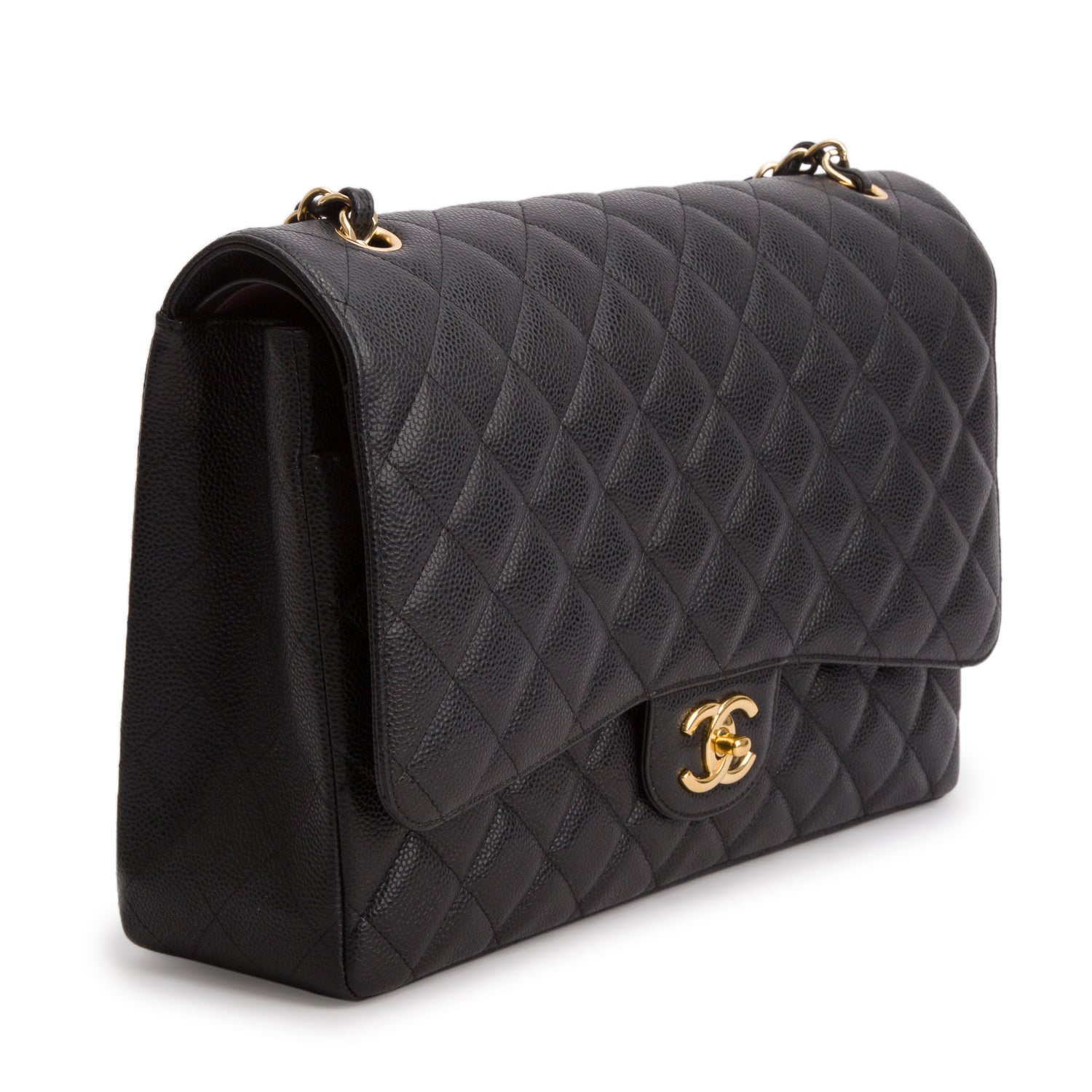Chanel Black Quilted Caviar Leather Classic Maxi Double Flap Bag w/ Box & Authenticity Card