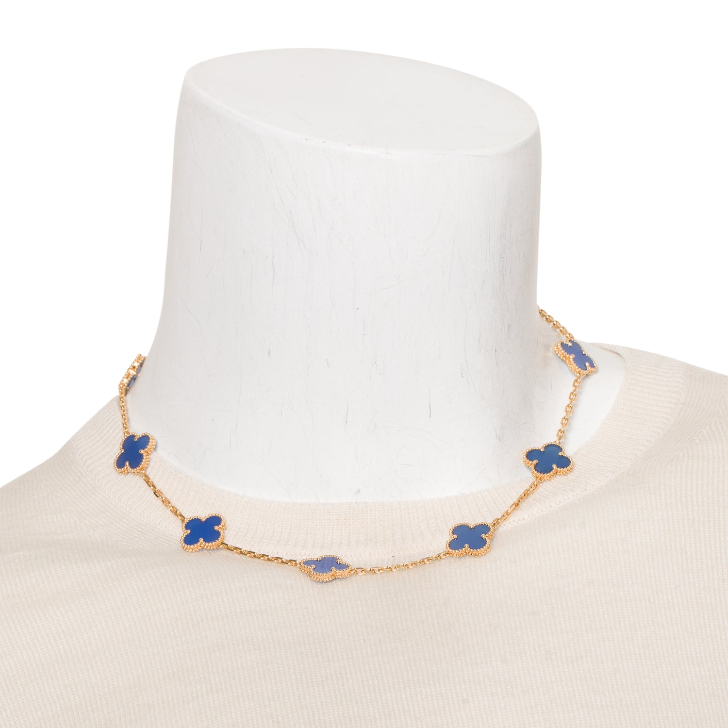 Van Cleef & Arpels 2024 18k Yellow Gold Vintage Alhambra 10 Motif Blue Agate Necklace w/ Box & Certificate