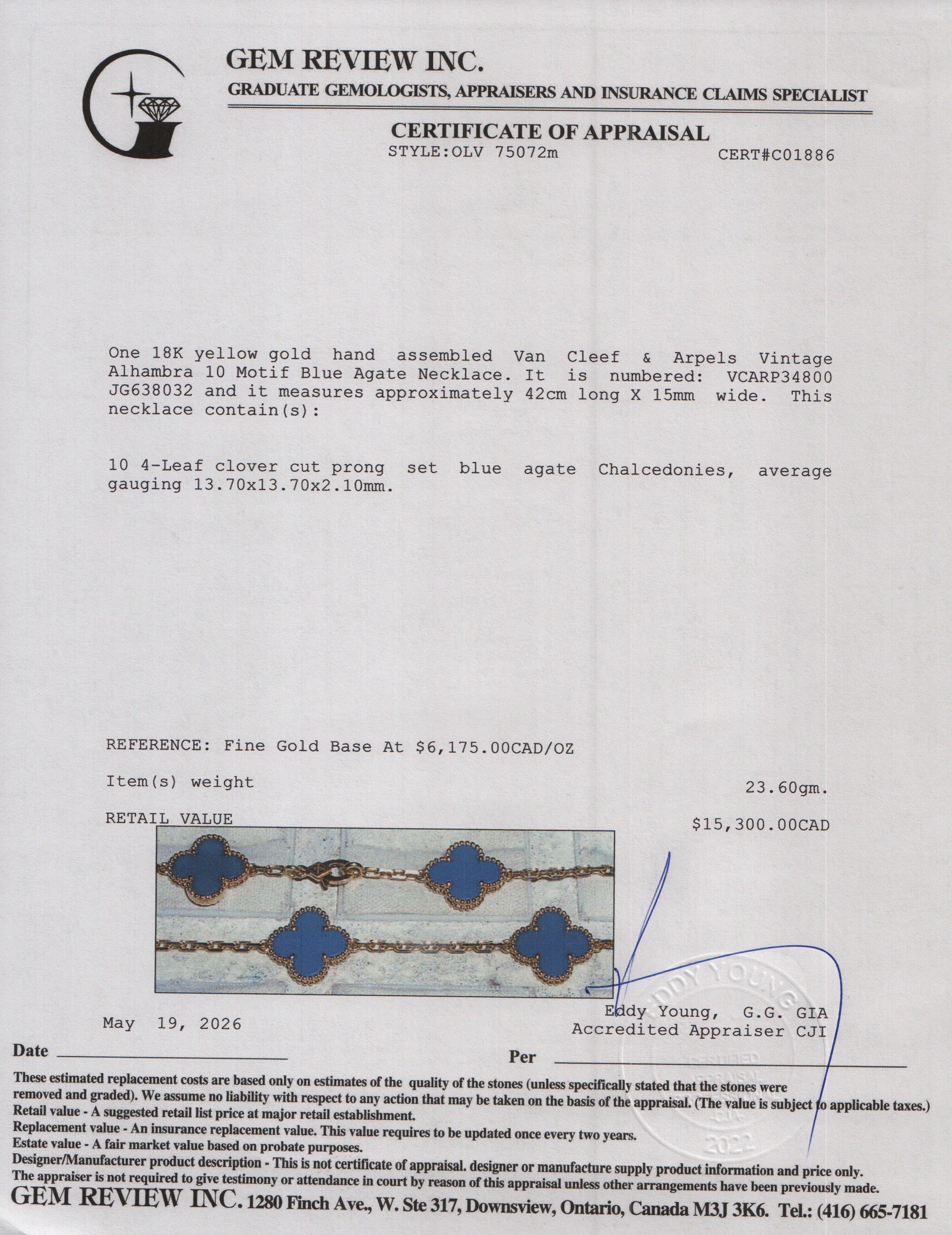 Van Cleef & Arpels 2024 18k Yellow Gold Vintage Alhambra 10 Motif Blue Agate Necklace w/ Box & Certificate