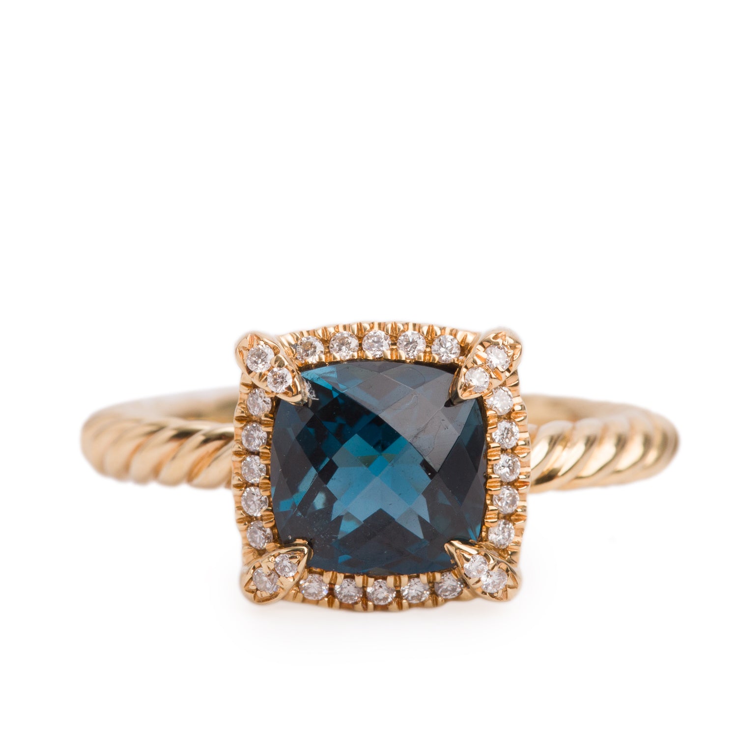 David Yurman 18k Yellow Gold 7 MM Blue Topaz & Diamond Petite Chatelaine Ring, Size 5 w/ Box