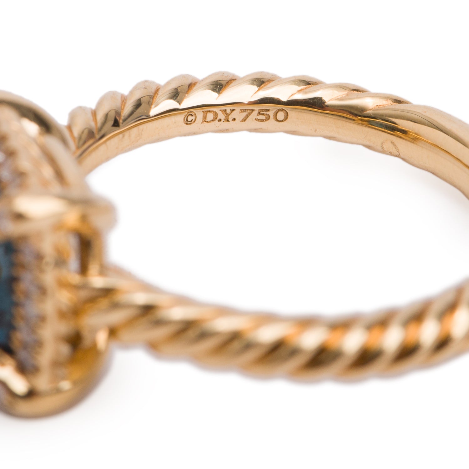 David Yurman 18k Yellow Gold 7 MM Blue Topaz & Diamond Petite Chatelaine Ring, Size 5 w/ Box
