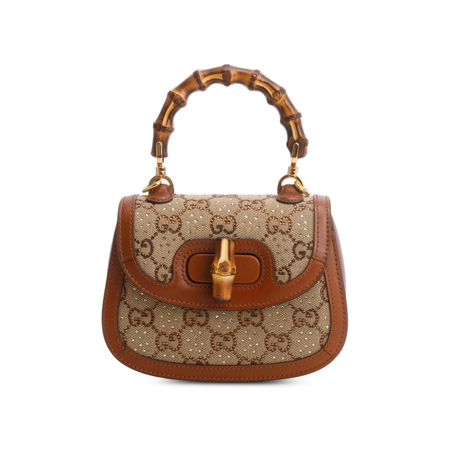 Gucci Brown New Canvas Charisma Calfskin Crystal GG Monogram Small Bamboo 1947 Top Handle Bag w/ Chain