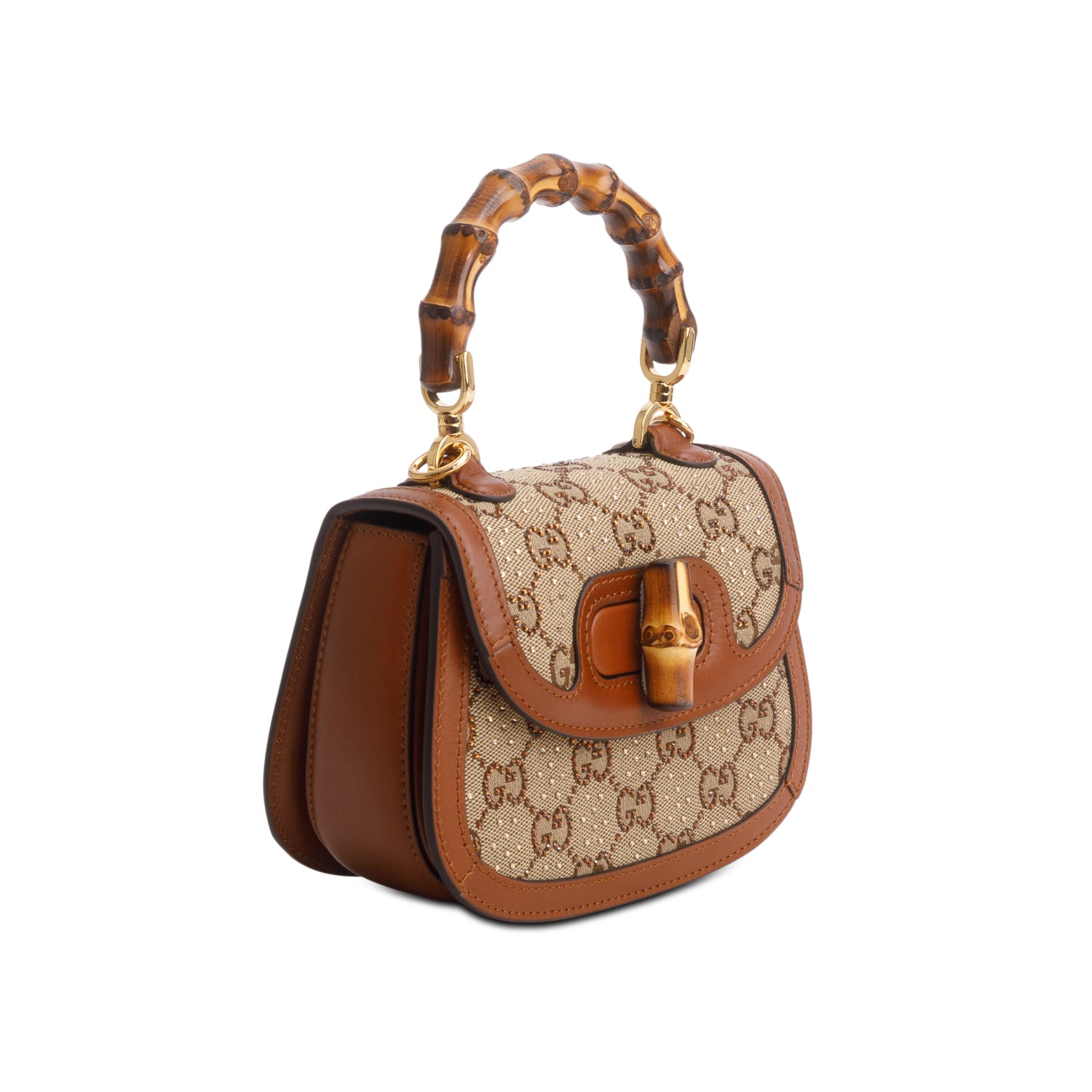 Gucci Brown New Canvas Charisma Calfskin Crystal GG Monogram Small Bamboo 1947 Top Handle Bag w/ Chain