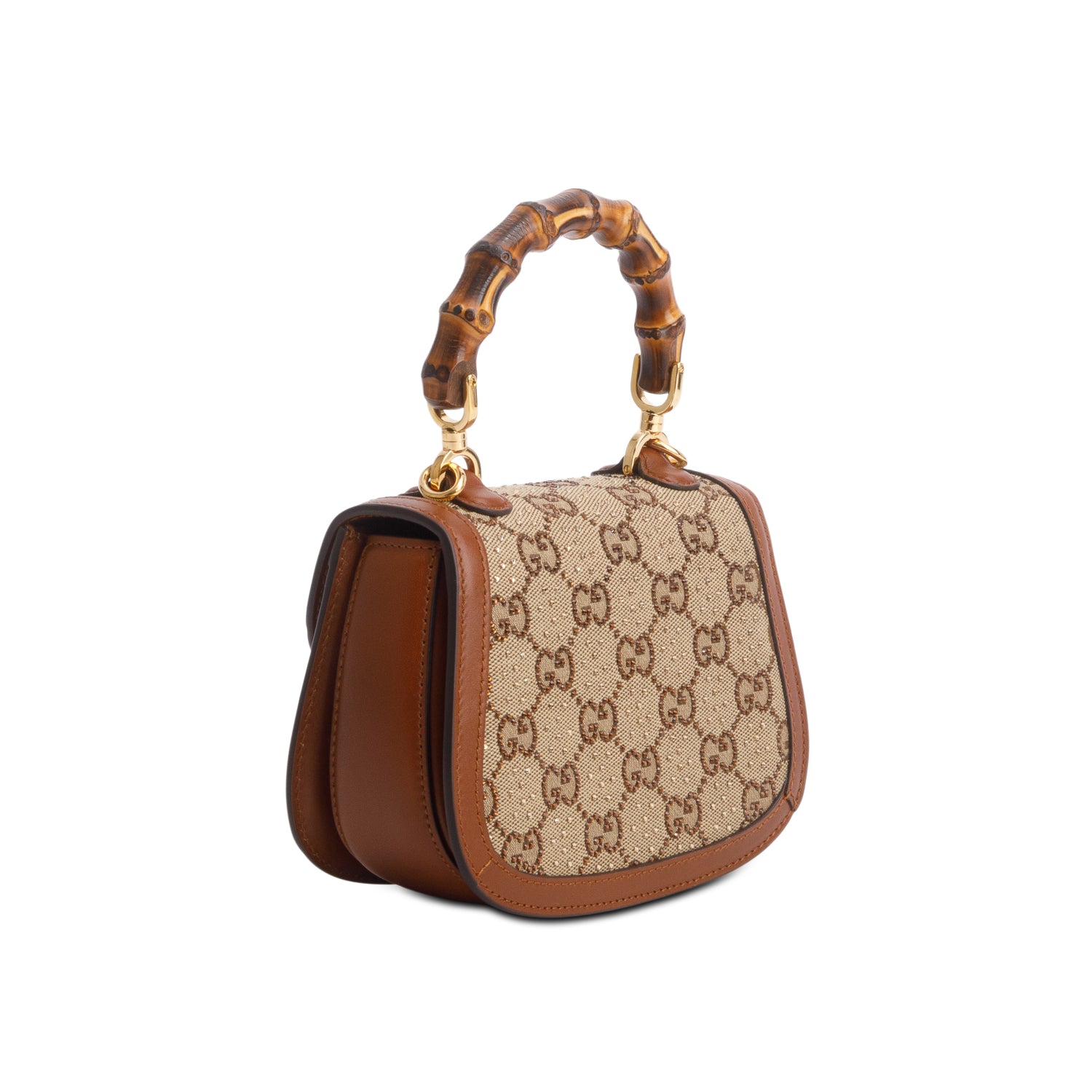 Gucci Brown New Canvas Charisma Calfskin Crystal GG Monogram Small Bamboo 1947 Top Handle Bag w/ Chain