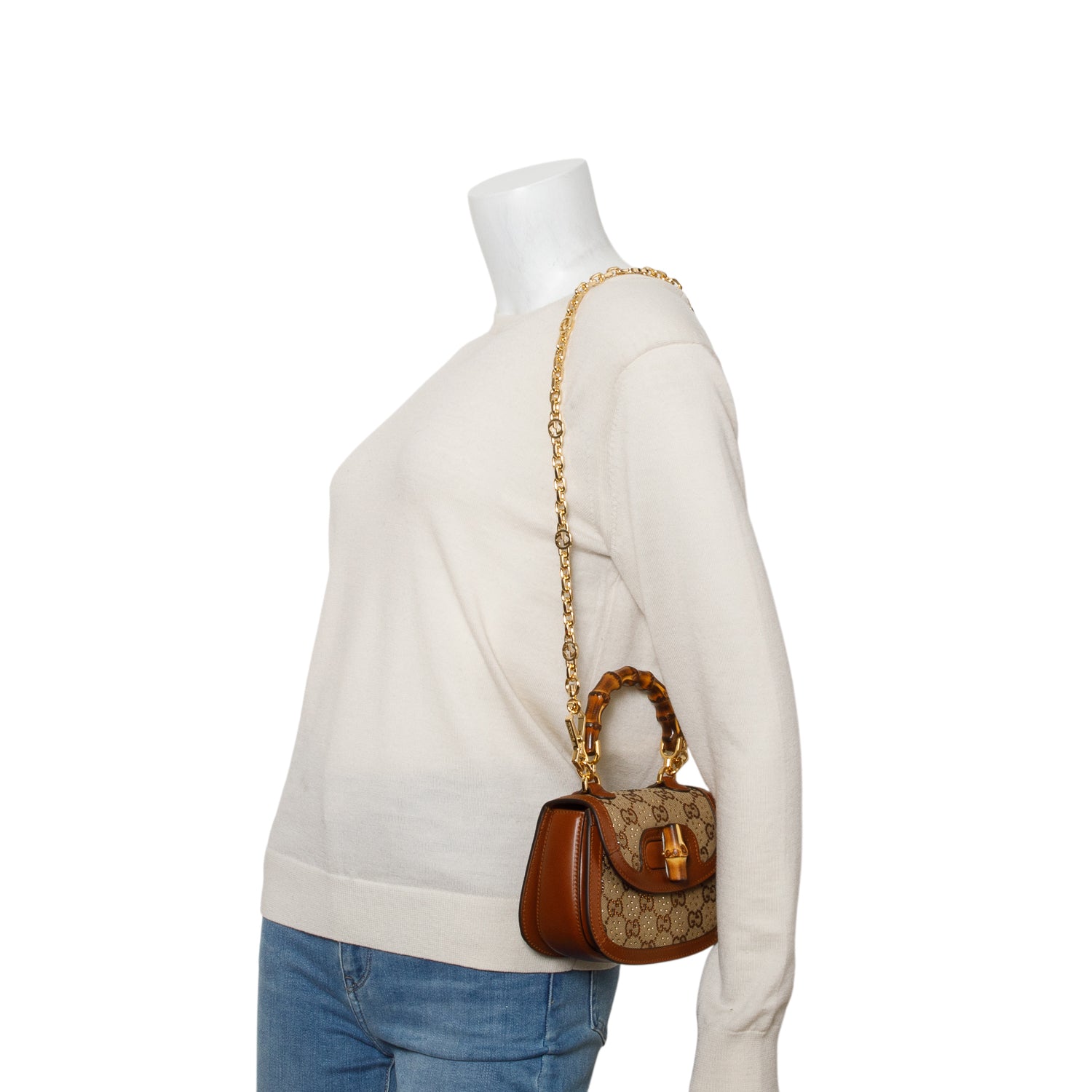 Gucci Brown New Canvas Charisma Calfskin Crystal GG Monogram Small Bamboo 1947 Top Handle Bag w/ Chain