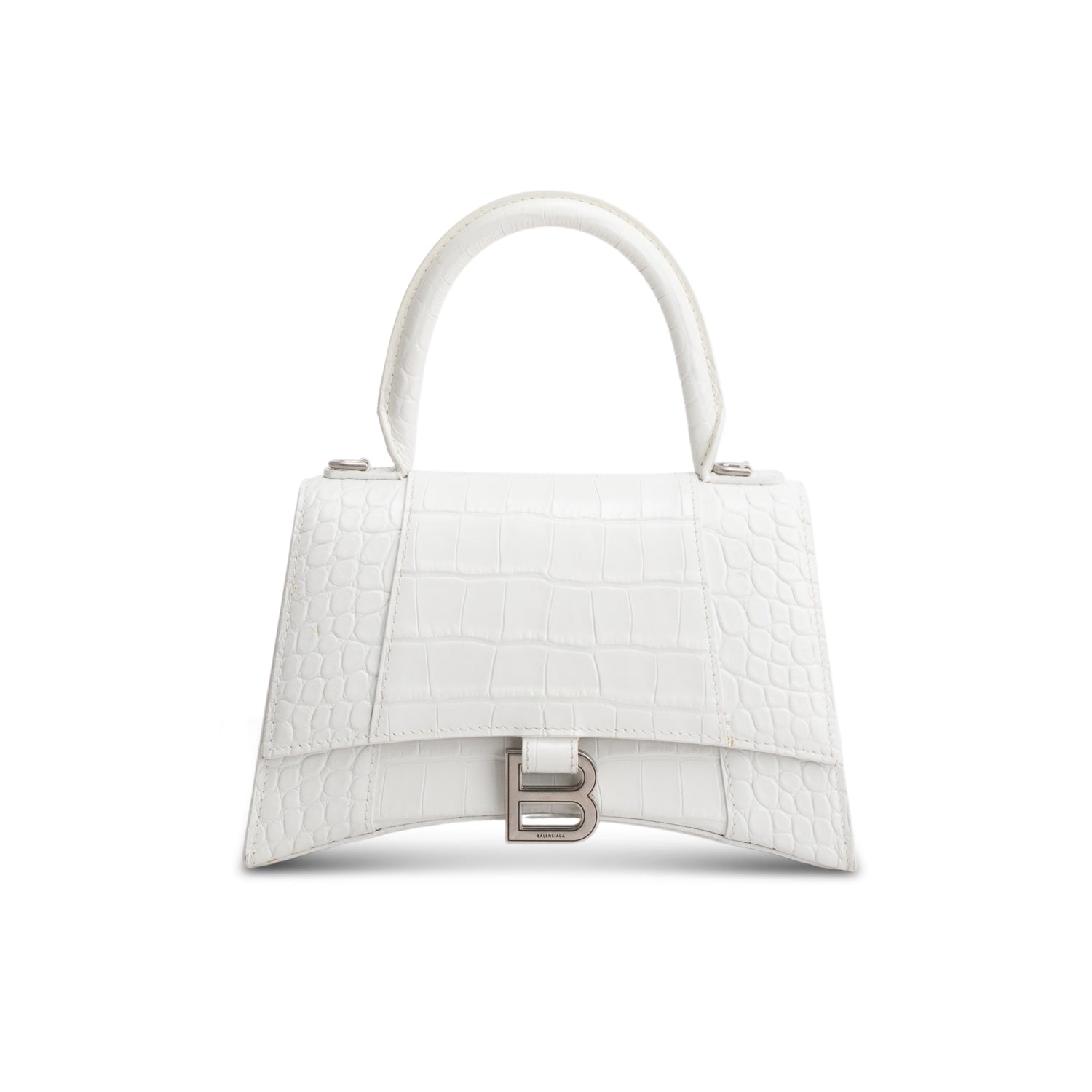 Balenciaga White Croc Embossed Leather Small Hourglass Top Handle Bag w/ Strap