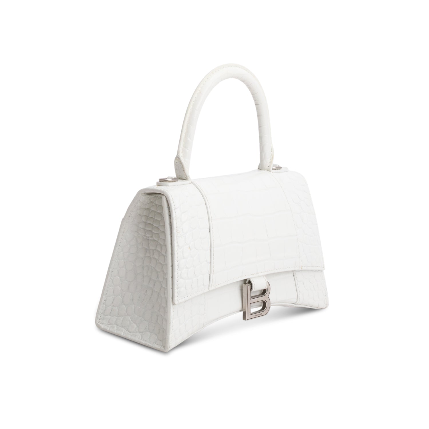 Balenciaga White Croc Embossed Leather Small Hourglass Top Handle Bag w/ Strap