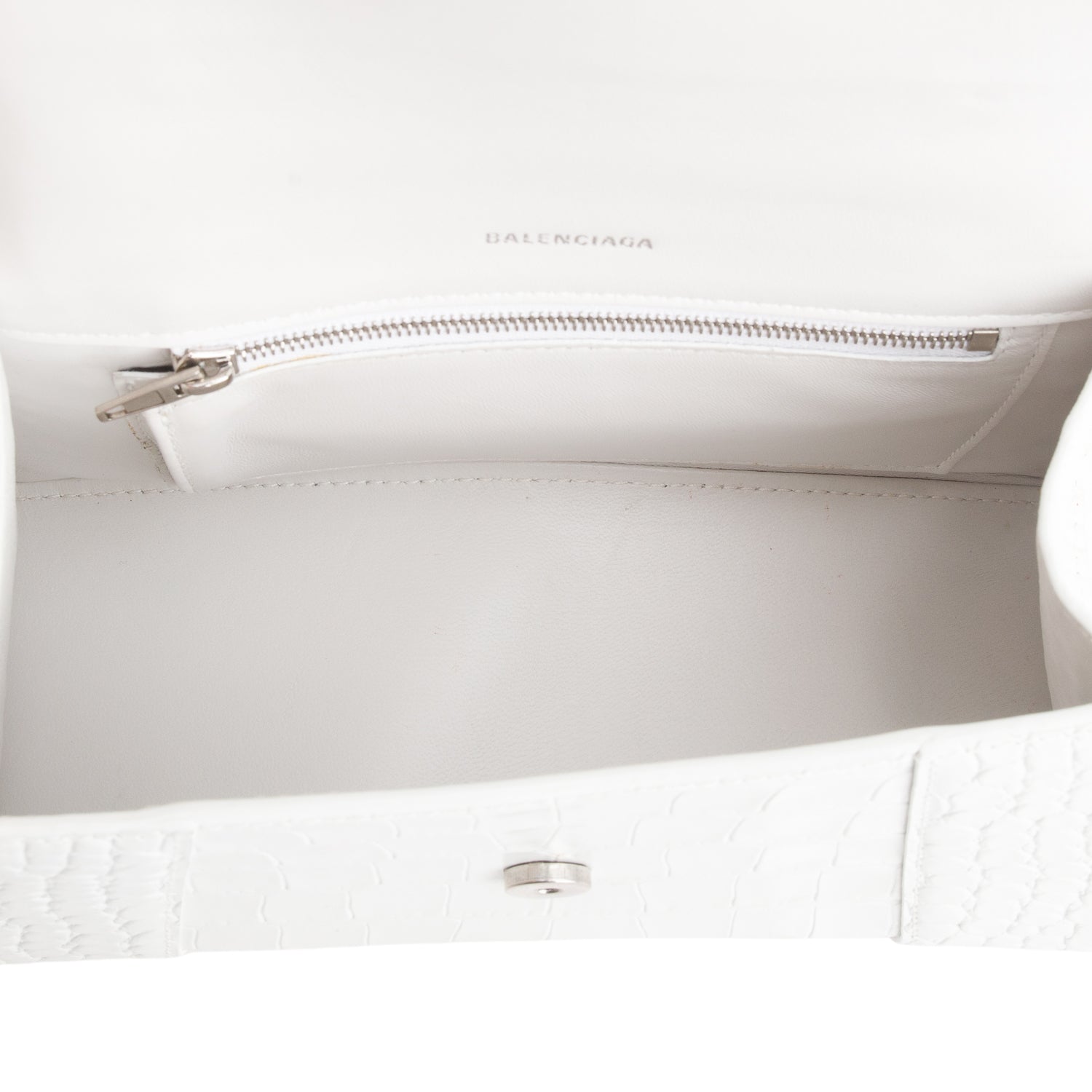 Balenciaga White Croc Embossed Leather Small Hourglass Top Handle Bag w/ Strap