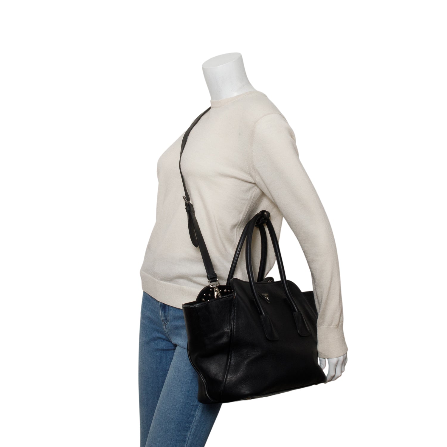Prada Black Vitello Studded Twin Pocket w/ Strap