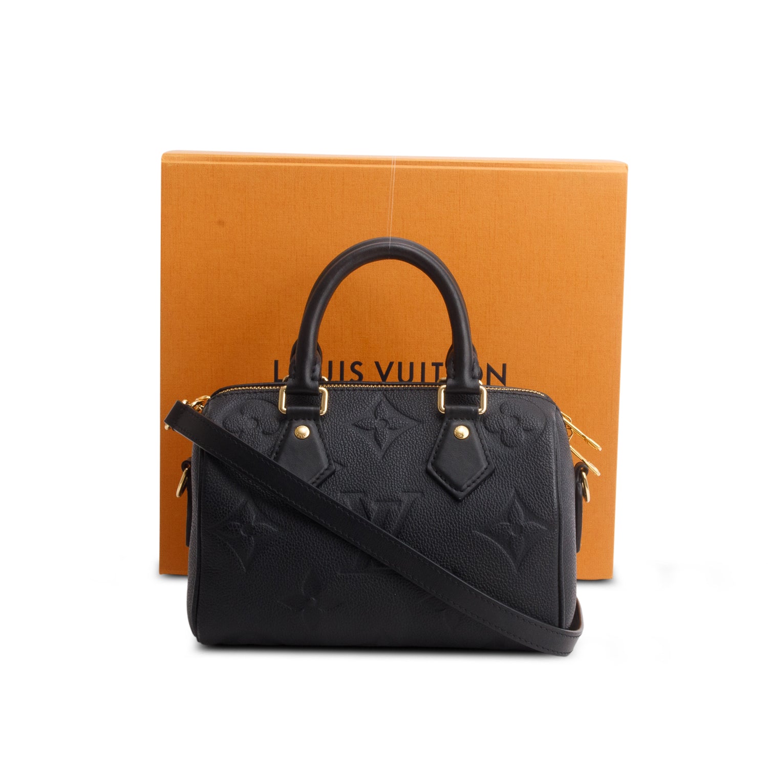 Louis Vuitton Black Monogram Empreinte Leather Speedy Bandouliere 20 w/ Strap & Box