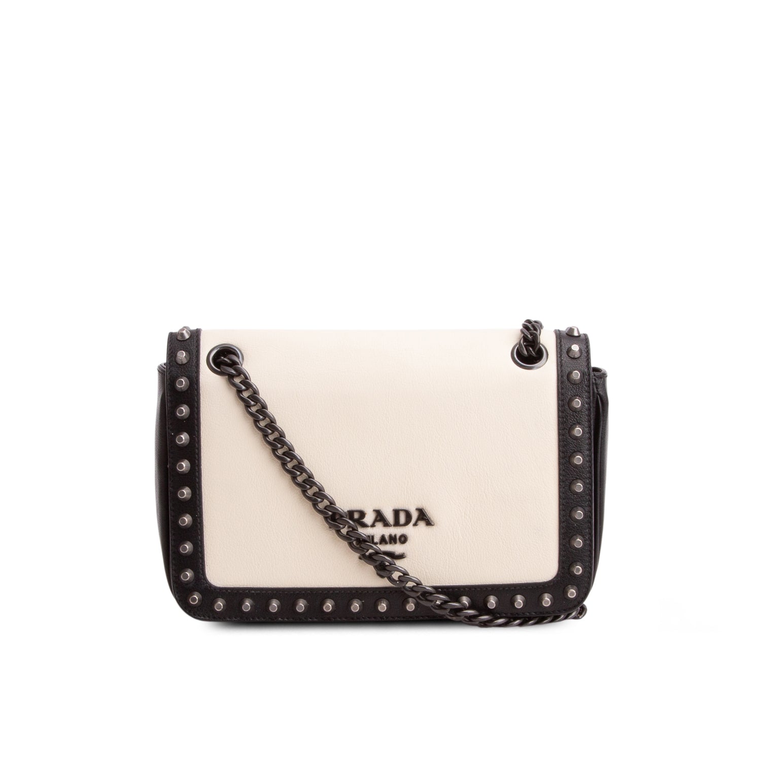 Prada Black/White Glace Calf Leather Studded Camera Crossbody Bag