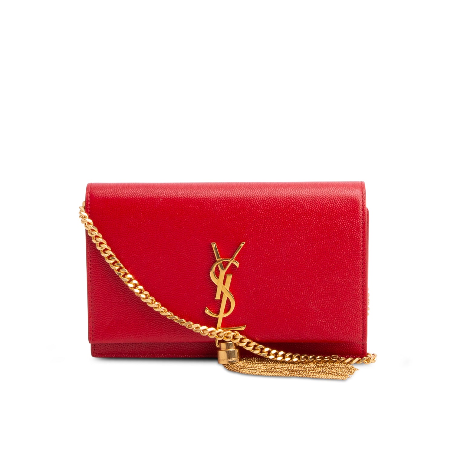 Saint Laurent Red Grain De Poudre Classic Monogram Kate Tassel Chain Wallet