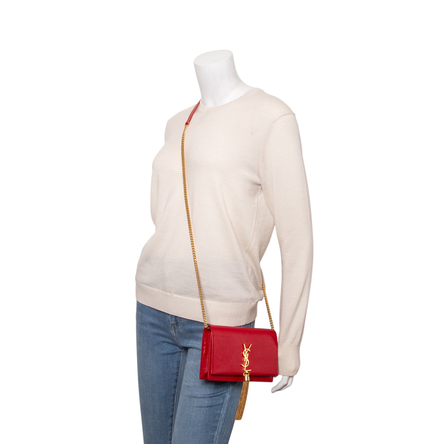 Saint Laurent Red Grain De Poudre Classic Monogram Kate Tassel Chain Wallet