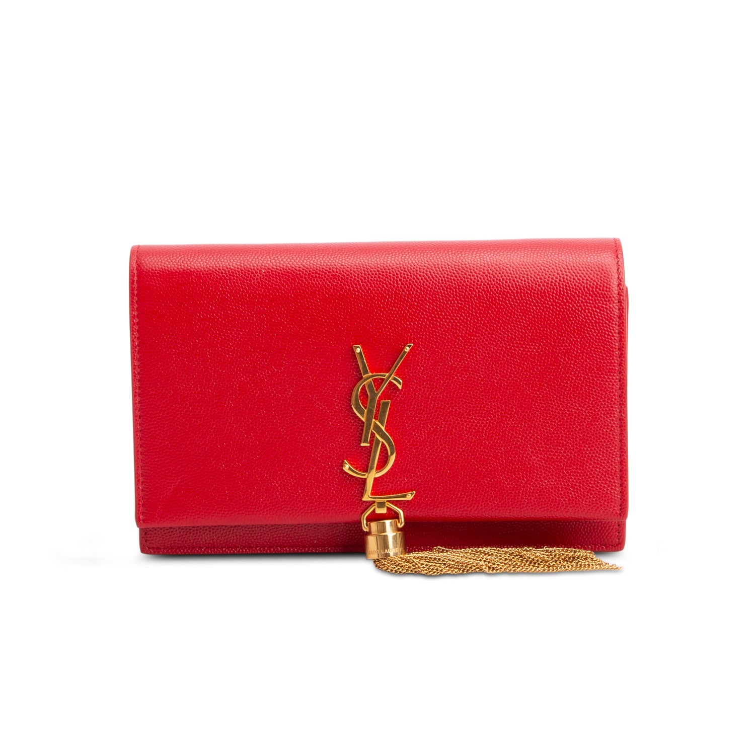 Saint Laurent Red Grain De Poudre Classic Monogram Kate Tassel Chain Wallet