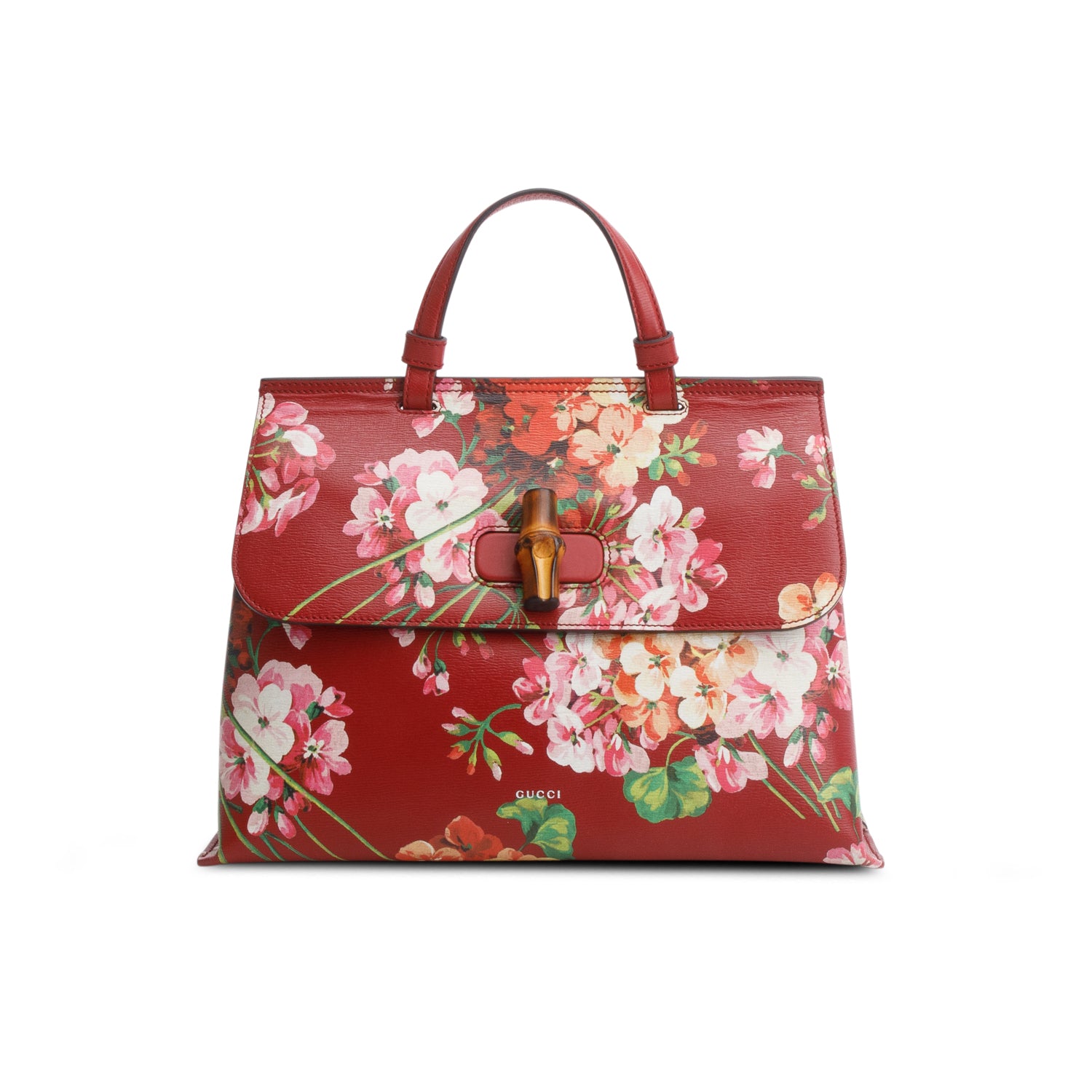 Gucci Red Shangai Calfskin Blooms Print Medium Bamboo Daily Top Handle Bag Romantic w/ Strap