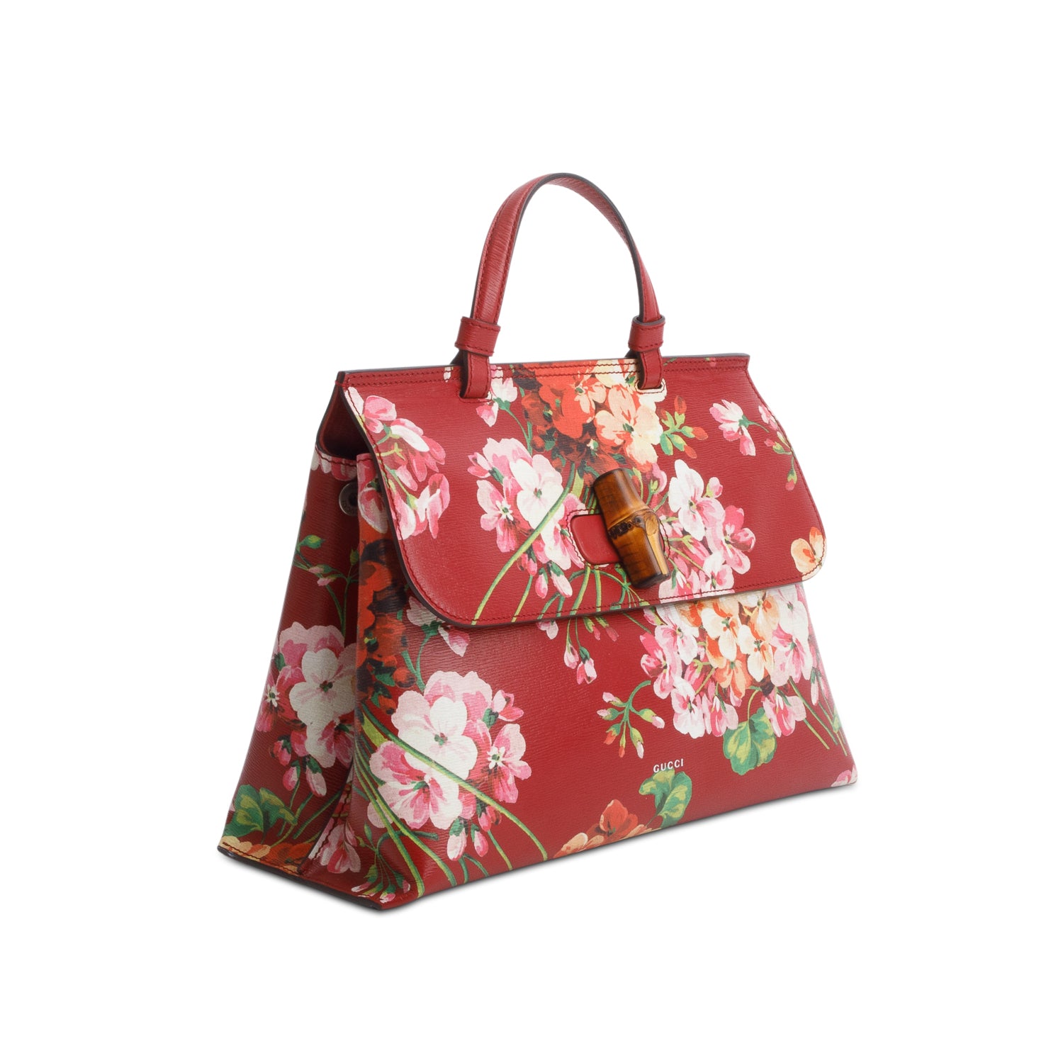 Gucci Red Shangai Calfskin Blooms Print Medium Bamboo Daily Top Handle Bag Romantic w/ Strap