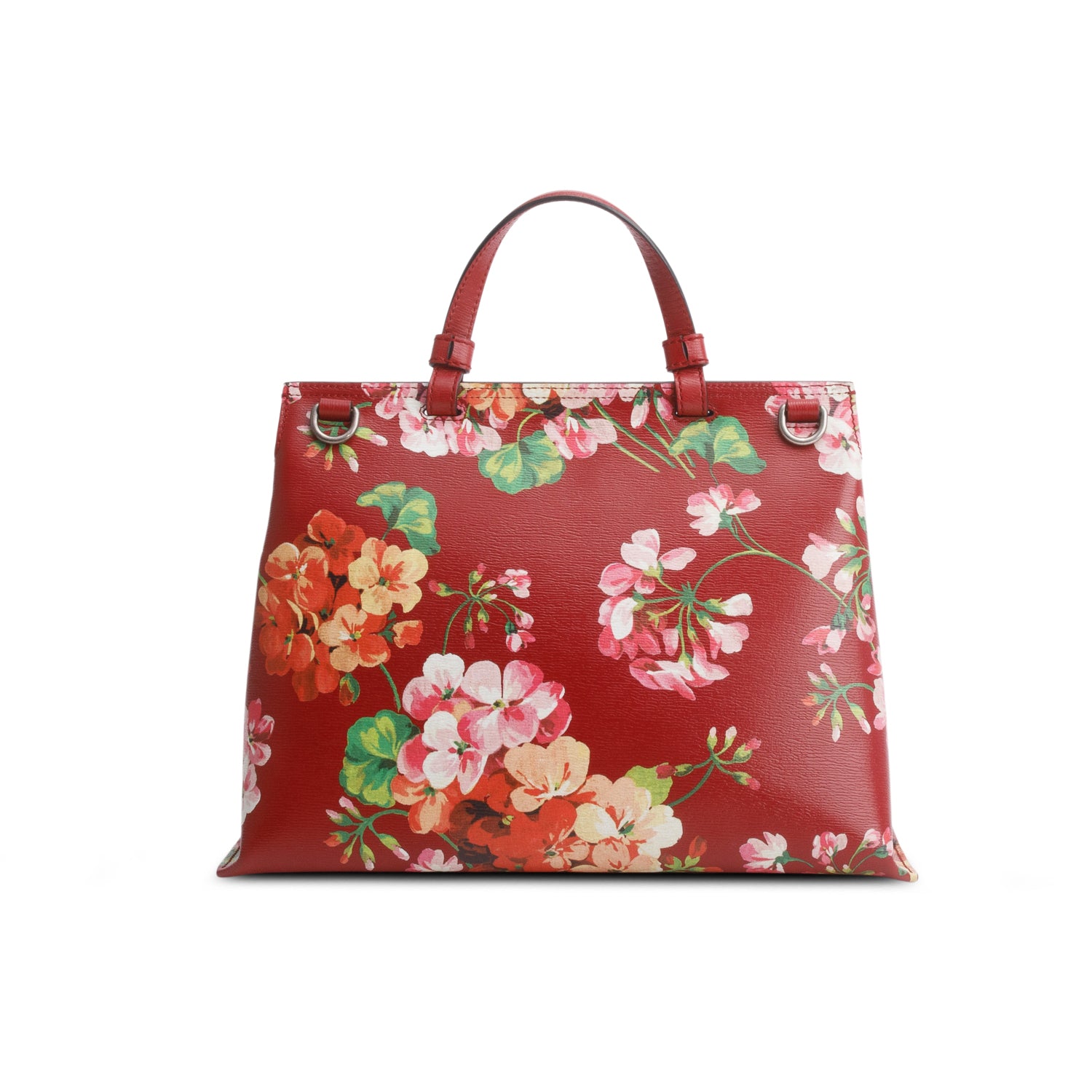 Gucci Red Shangai Calfskin Blooms Print Medium Bamboo Daily Top Handle Bag Romantic w/ Strap
