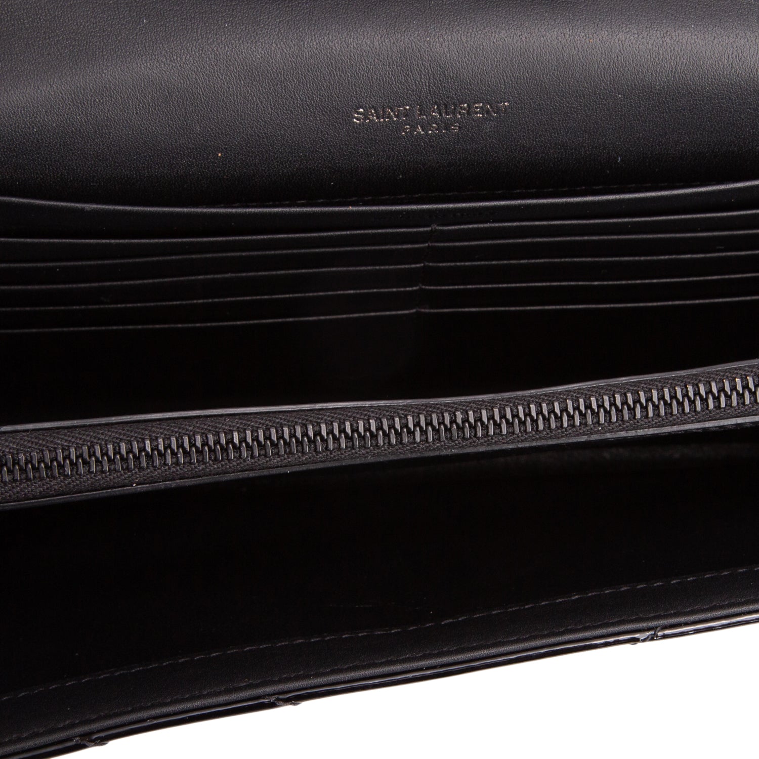 Saint Laurent 2020 Black Patent Leather Cassandre Envelope Chain Wallet w/ Box