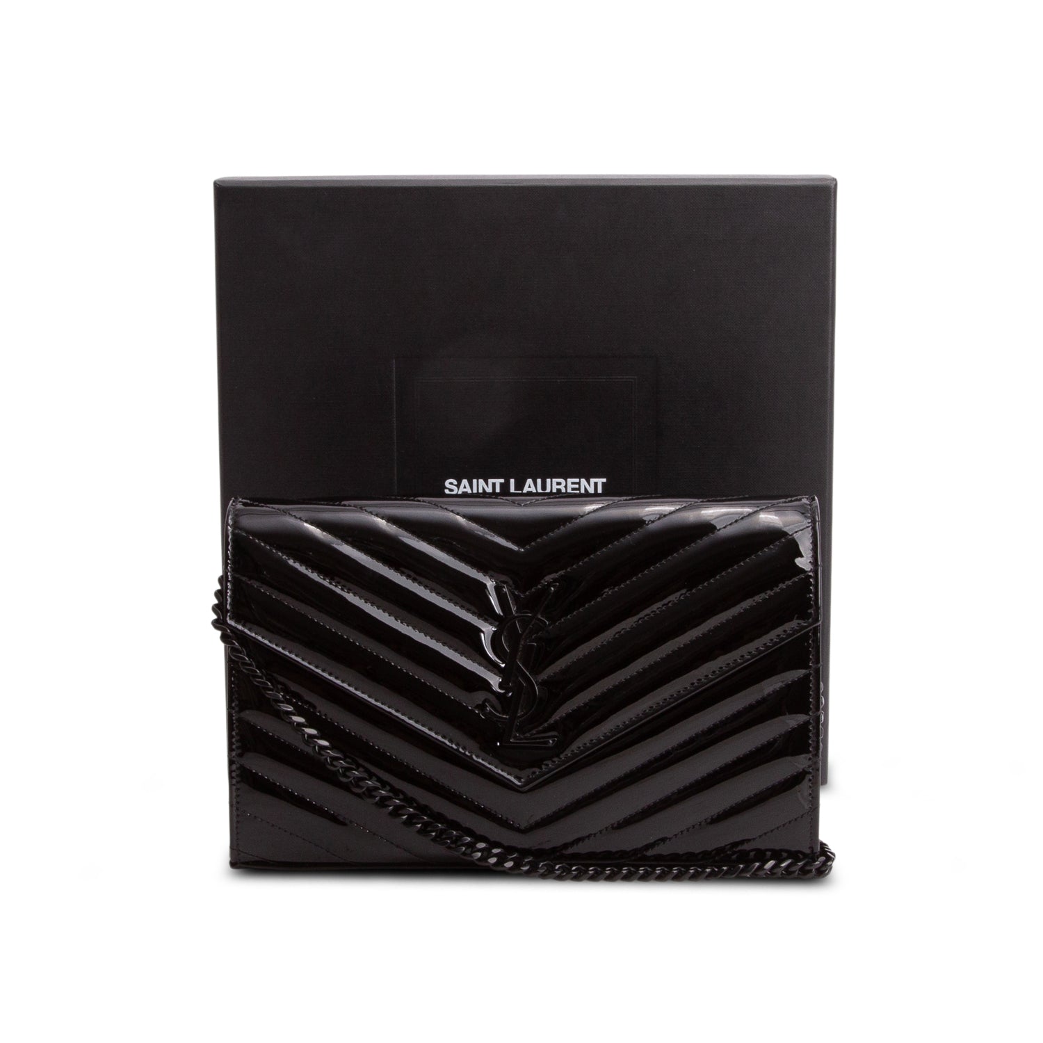 Saint Laurent 2020 Black Patent Leather Cassandre Envelope Chain Wallet w/ Box