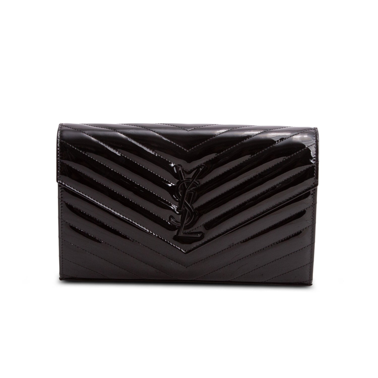 Saint Laurent 2020 Black Patent Leather Cassandre Envelope Chain Wallet w/ Box