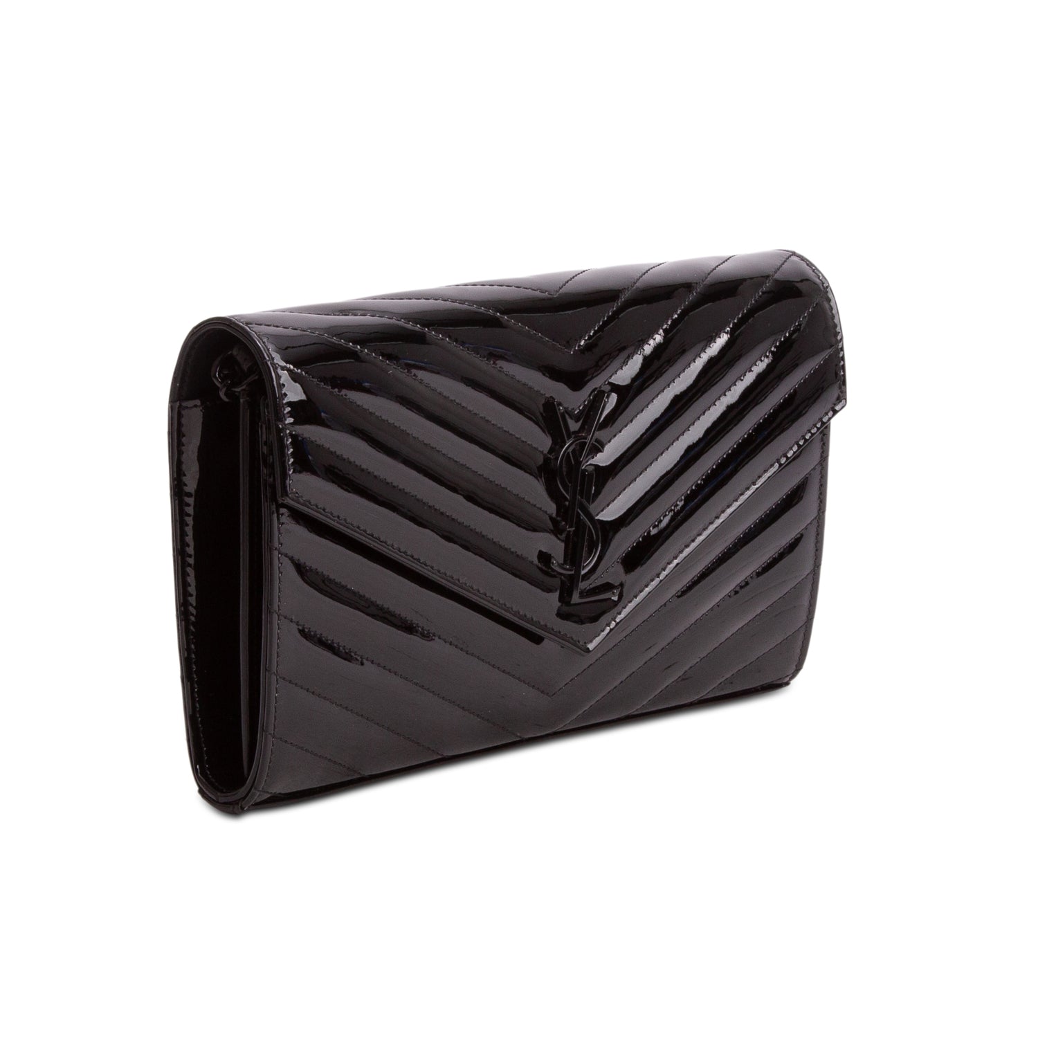 Saint Laurent 2020 Black Patent Leather Cassandre Envelope Chain Wallet w/ Box