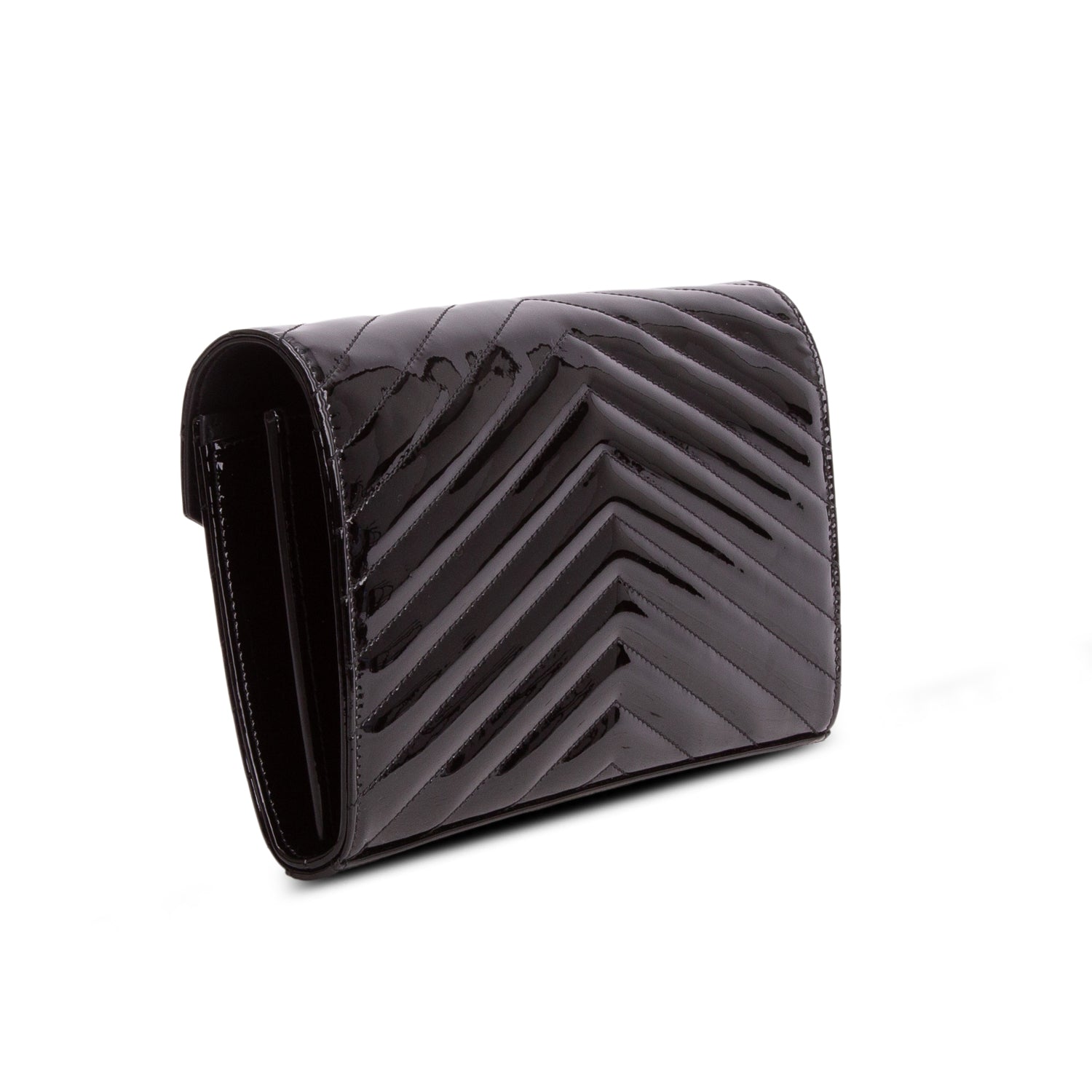 Saint Laurent 2020 Black Patent Leather Cassandre Envelope Chain Wallet w/ Box