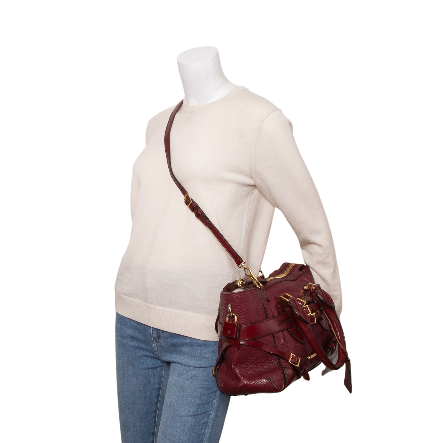Burberry Burgundy Grained Calfskin Medium Bridle Lynher Tote w/ Strap